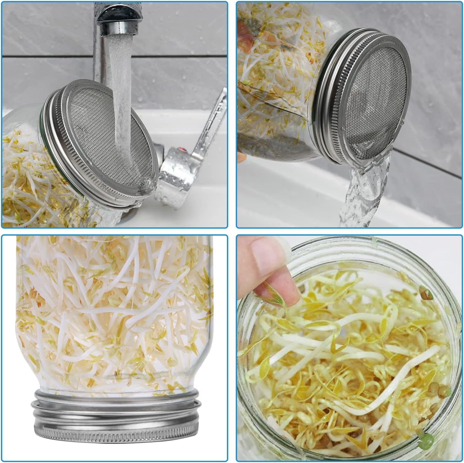 Seed Sprouting Jar Kit, 2Pcs Wide Mouth Quart Mason Jars with 304 Stainless Steel Screen Sprout Lids,86Mm Caliber,1000Ml,With Tray,Stand,Shading Cloth and Canning Brush,For Making Seeds Sprouts