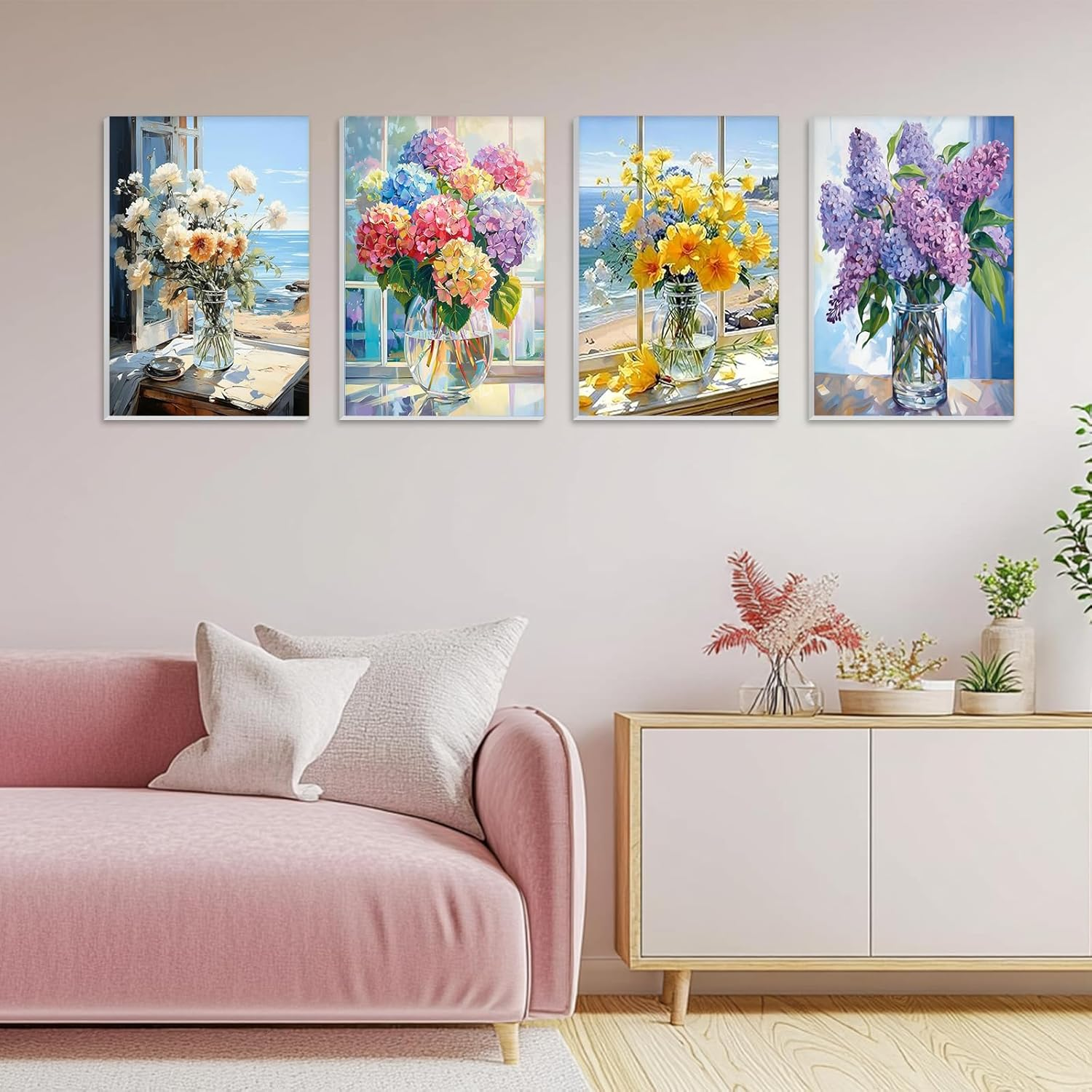 NAIMOER 4 Pack Framed Paint by Numbers Vase Flowers for Adults Kids, DIY Easy Window Flowers Painting by Numbers with Frame Wooden Holder, Painting Art on Canvas Gifts Home Wall Decor 8X12In image number 1