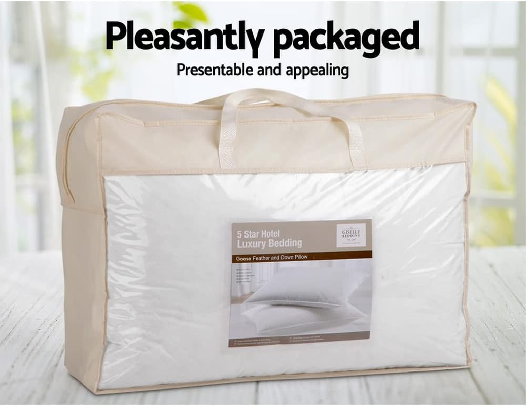 Giselle Bedding Goose down Feather Pillow Set of 2 Bed Neck Pillows for Sleeping Hotel Cushion with Cotton Fabric Cover Soft and Support Medium Firm, Side Stomach Back Sleepers image number 3