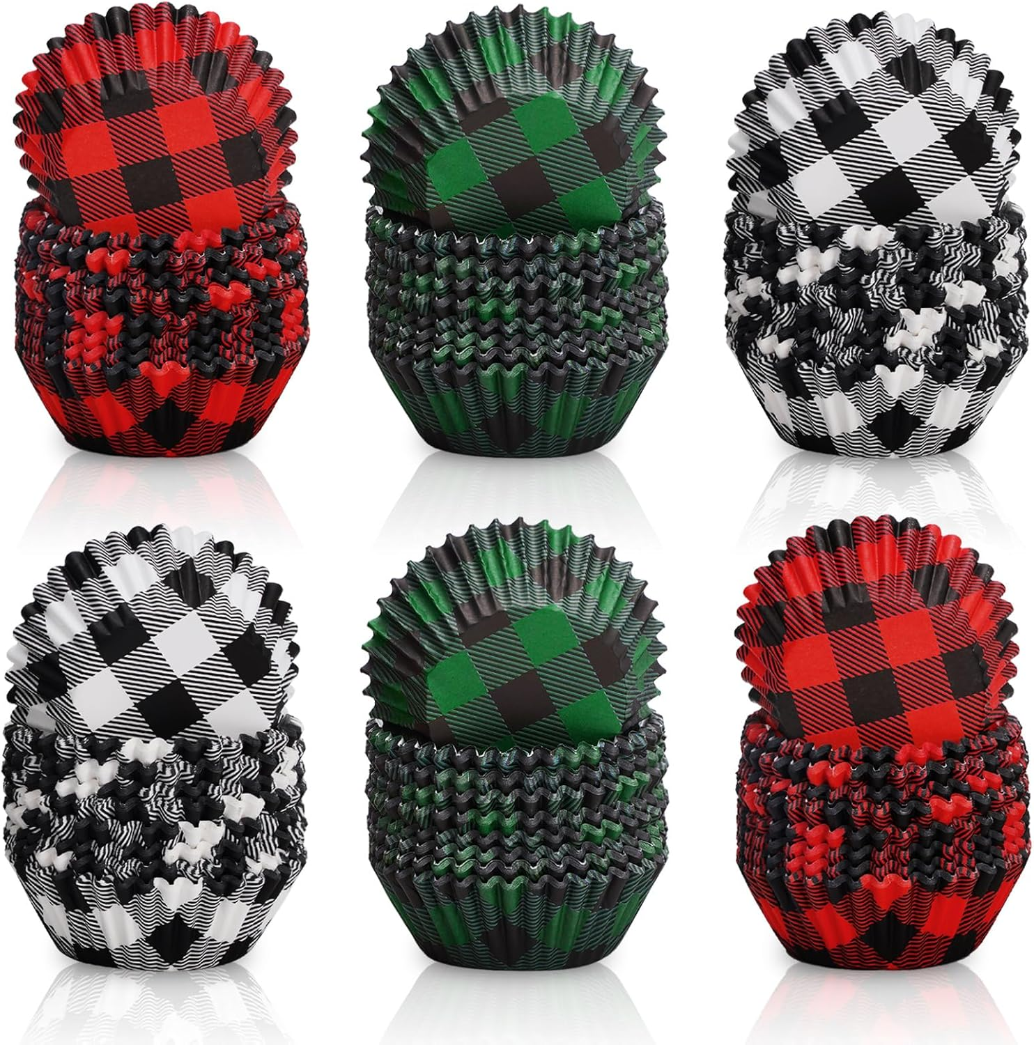Whaline 600Pcs Cupcake Wrappers 3 Colors Christmas Buffalo Plaid Cupcake Liners Disposable Cupcake Liners Holders Paper Muffin Cups for Baking Home Kitchen Christmas Party Supplies image number 1