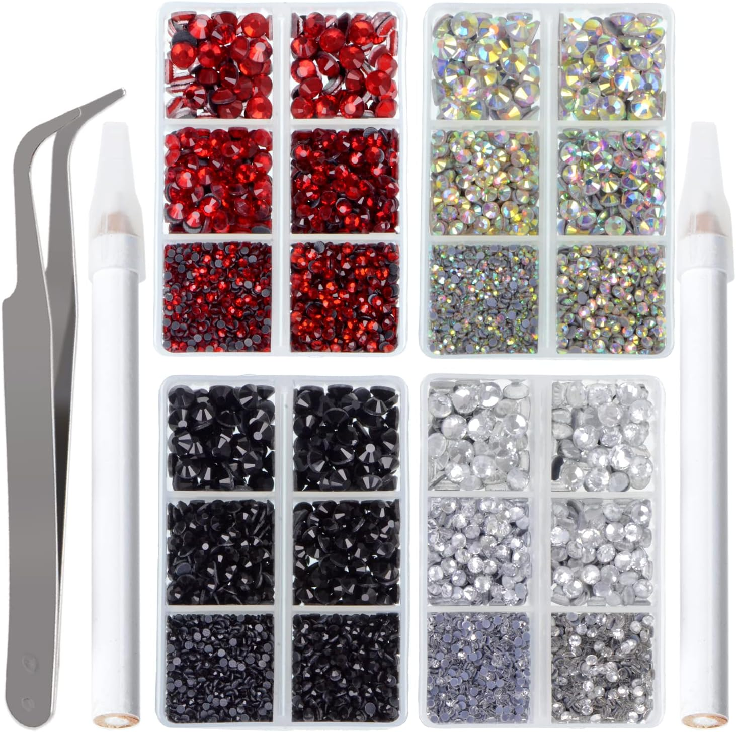 Lpbeads 10000Pcs Hotfix Rhinestones Flatback Glass Crystal 24 Mixed Color Rhinestone with Tweezers and Picking Pen for Crafts Clothes Nail Art