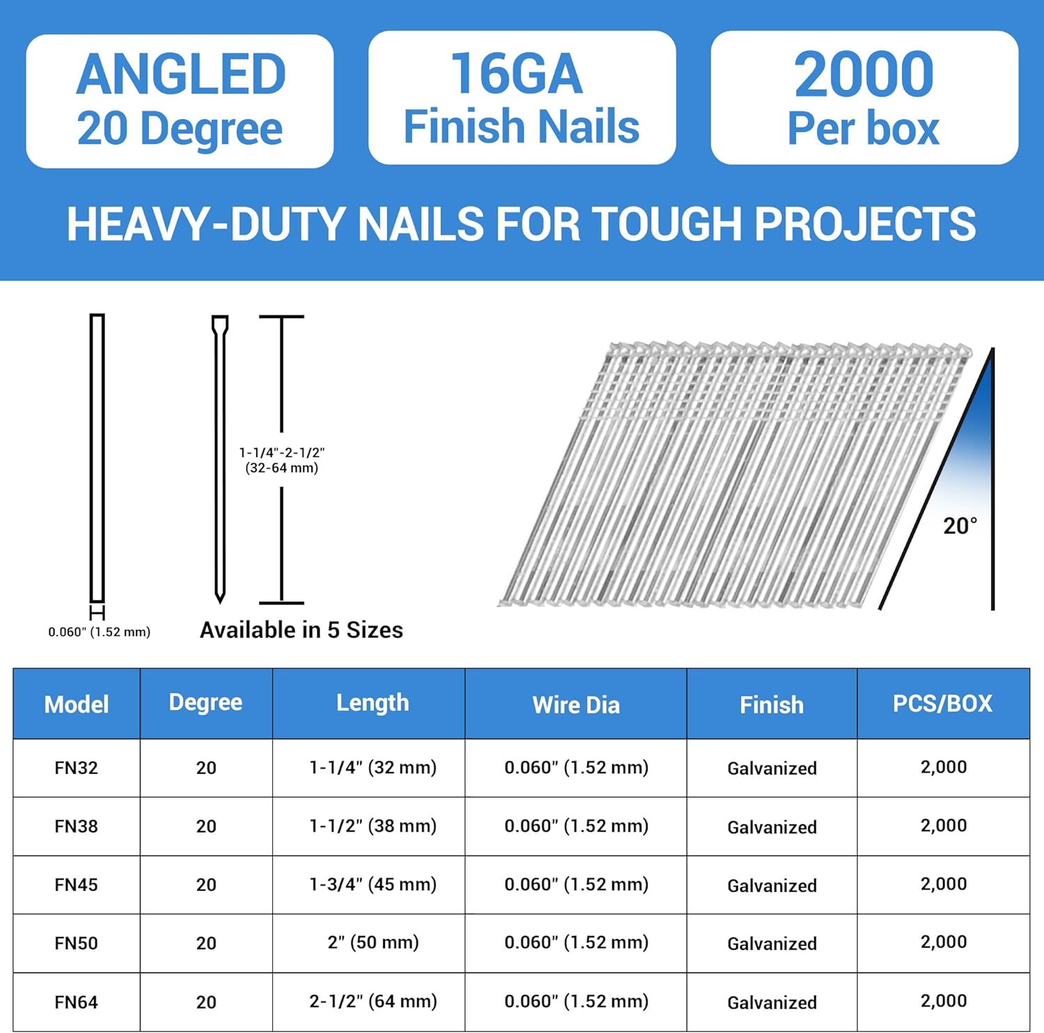Meite 16 Gauge Angled Finish Nails, 38 Mm 20 Degree Galvanized Finishing Nails for Electric or Pneumatic Nailer Guns - Perfect for Window Trim, Cabinet Building and Other DIY Projects (2,000 Counts) image number 5