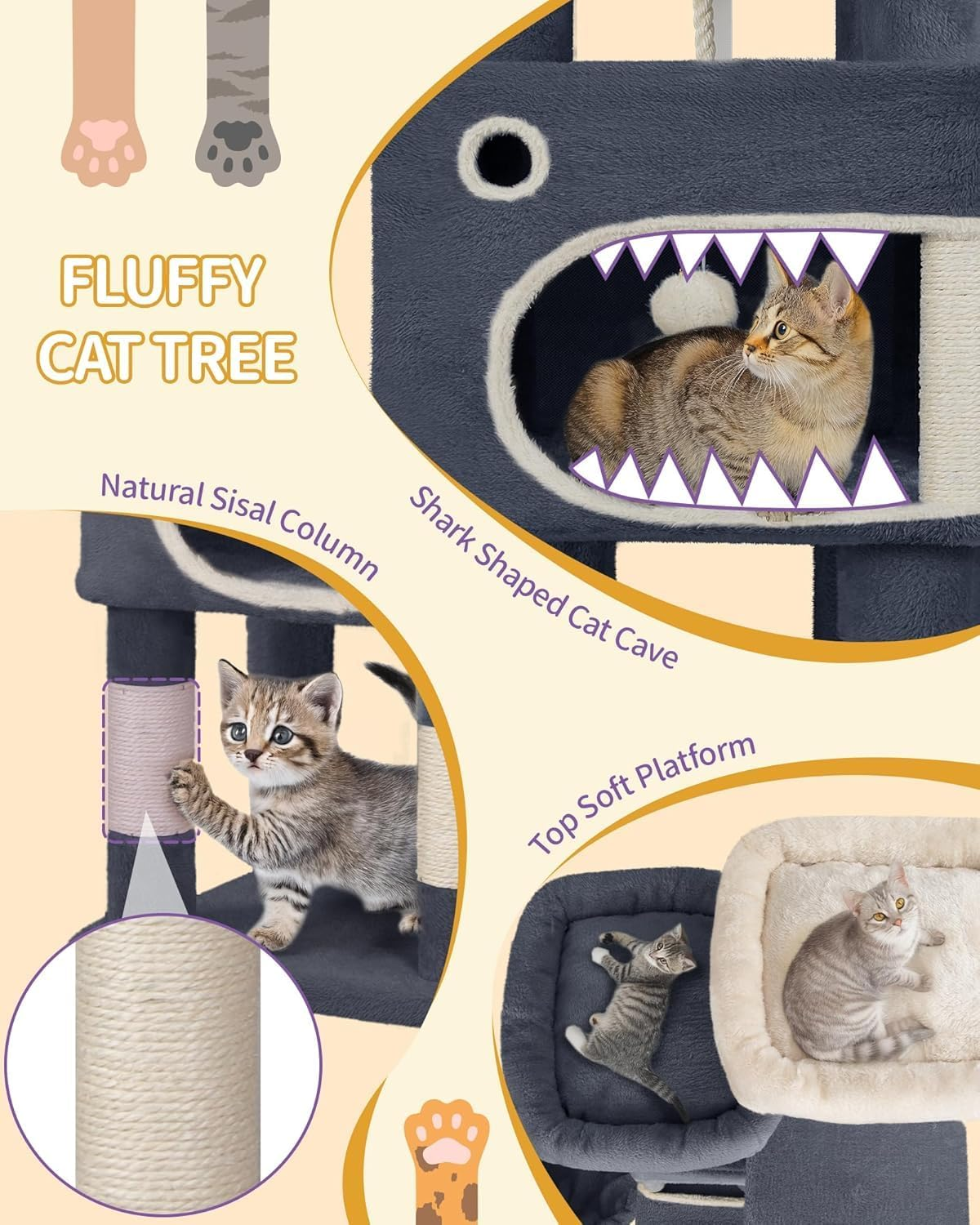 Hzuaneri Cat Tree for Indoor Cats, Cat Tower, Multi-Level Cats Condo with 8 Scratching Posts, 3 Platforms, 2 Caves, Basket, Plush Balls, Sisal Rope, Anti-Tip Kit, 180Cm Dark Gray MS18018SG image number 2