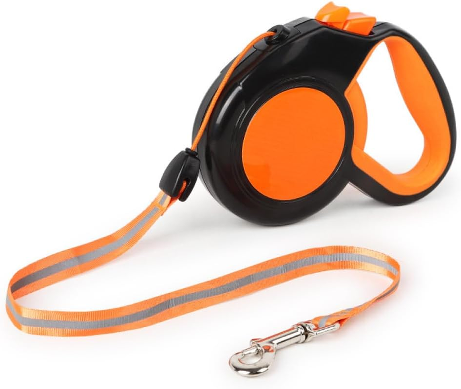 Reflective Retractable Dog Leash &ndash; 5M Extendable Lead with Quick-Lock Brake, Tangle-Free Nylon Tape & Soft Anti-Slip Handle for Night Walking (Orange)