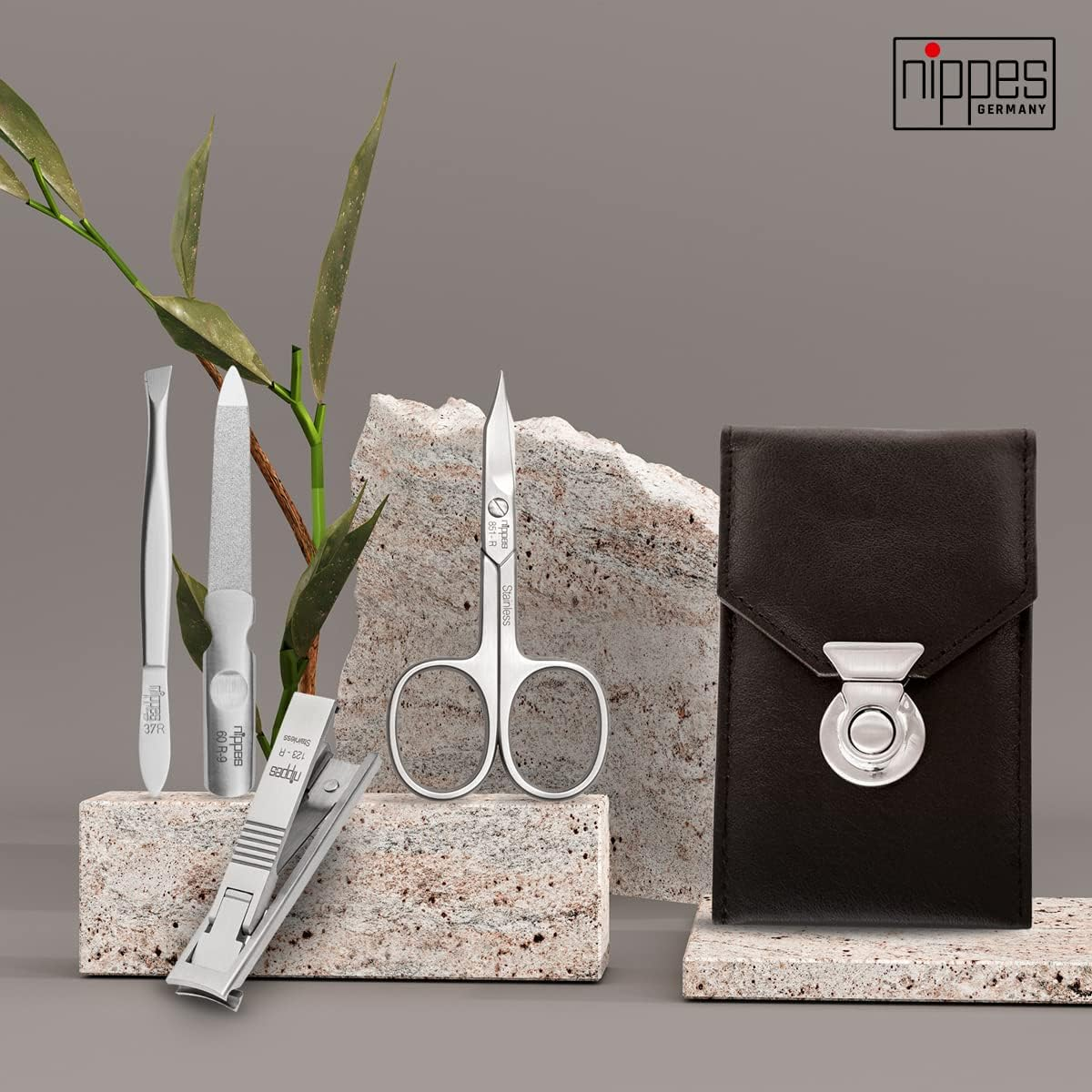 Nippes Solingen, Premium Line Manicure Set Locks Stainless Steel Nickel Rustproof Cowhide Nail Case Nail Set Nail Care Manicure Set Black 4 Pieces image number 1