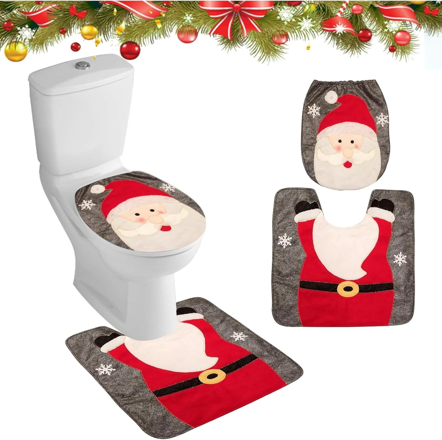 1 Piece Christmas Toilet Seat Cover Set, Bathroom Decor with Santa Design, Red Toilet Rug Mat and Tank Cover for Holiday Home Decorations image number 3