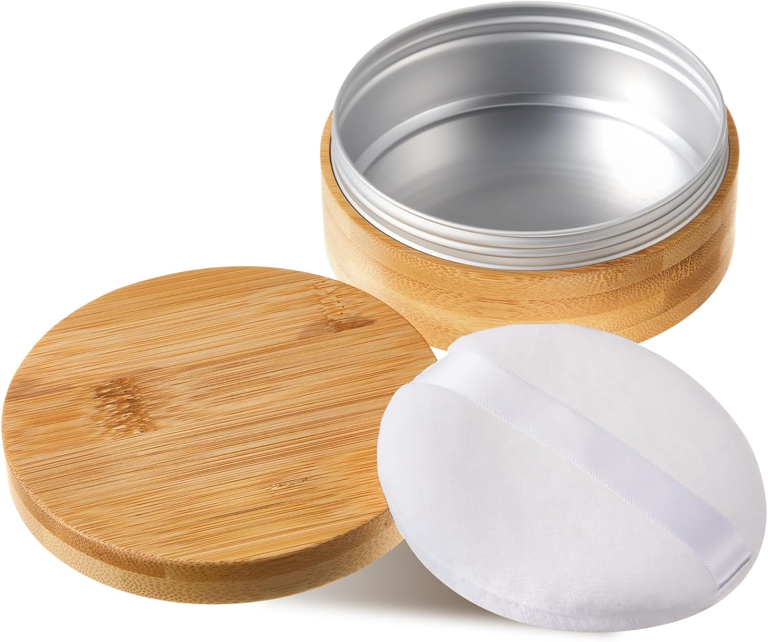 Frienda 300 Ml Bamboo Loose Powder Puff and Container Empty Dusting Powder Jar for Body Face Makeup Travel Box Compact Case Holder with Sifter Lids and Puff image number 1