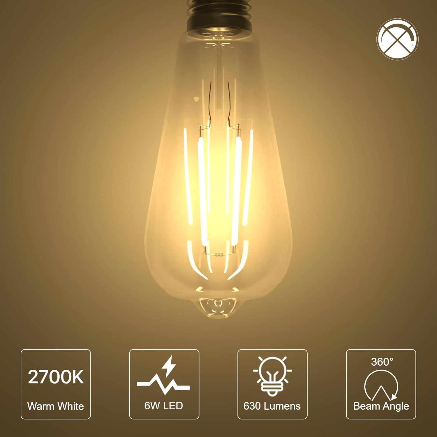 LUTW E27 Vintage Light Bulbs, 6W ST64 Edison Screw Bulb 60W Equivalent, 630LM 2700K E27 LED Bulb Warm White, Antique Style Retro Amber Glass Filament Lamp, Non Dimmable, Pack of 2