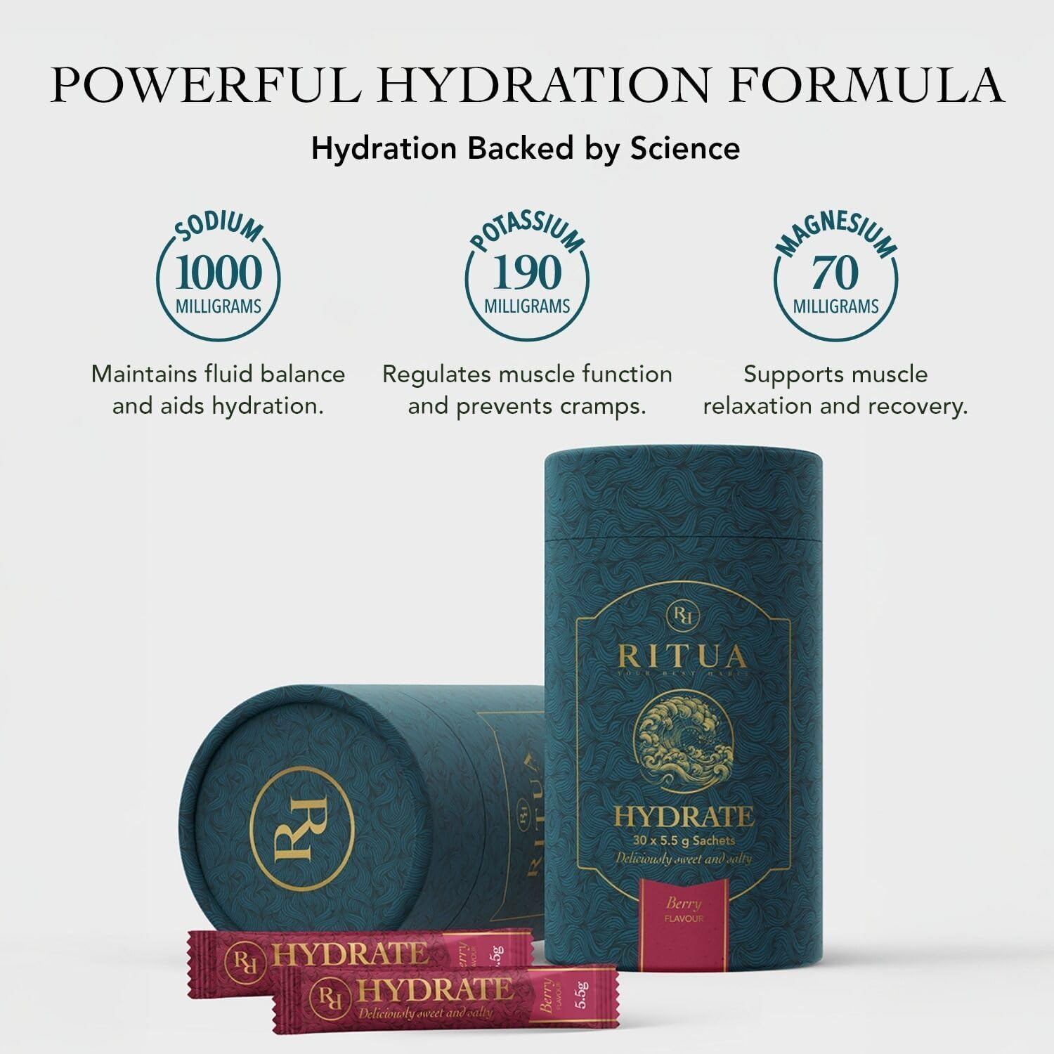 RITUA Zero Sugar HYDRATE Electrolyte Powder, Ideal Pre-Workout and Post-Workout Powder, Zero Carbs Energy Drink, 1000Mg Sodium per Serve, Natual Flavours and Sweeteners, 30 Sachets (30 Sachets, Berry) image number 5