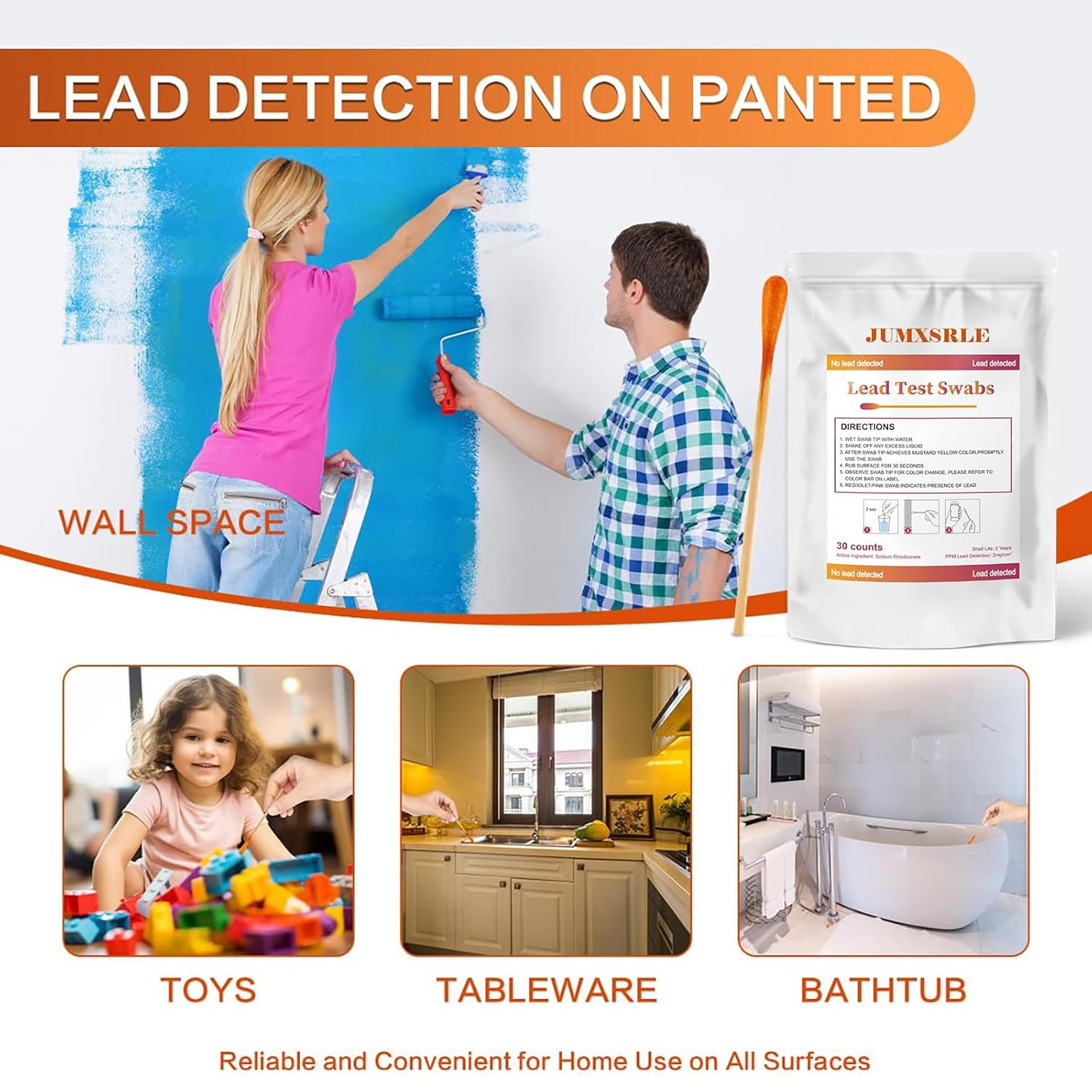 Lead Testing Kit - Lead Test Swabs 30Pcs, Instant Lead Test Kit for Painted Surfaces, Ceramics, Dishes, Metal, Wood - Quick Results in 30S image number 1