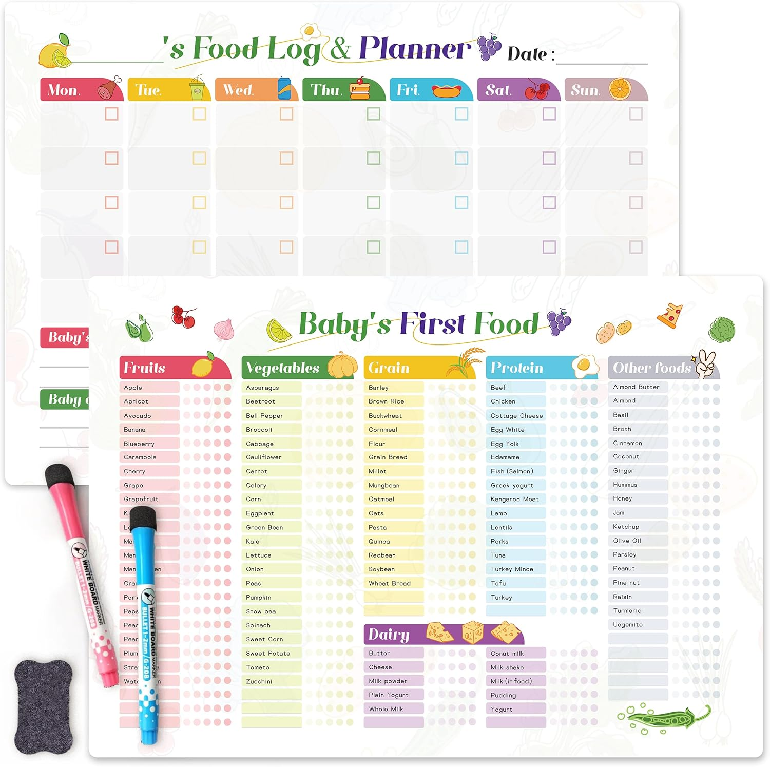 Baby Food Tracker Magnetic Chart &ndash; 100+ Aussie First Foods Checklist | Reusable Fridge Whiteboard for Weaning, Allergies & Meals (6M+) | 2 Markers & Eraser Included image number 4