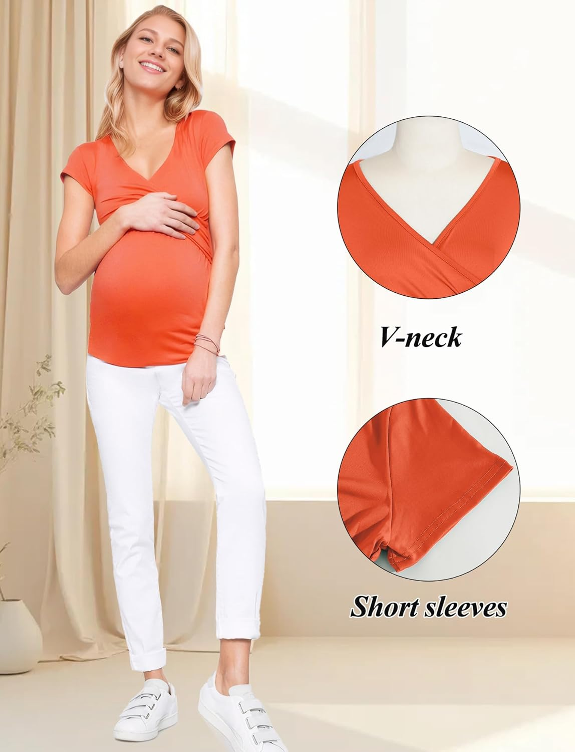 SEAUR V Neck Nursing Tops for Breastfeeding Short Sleeve Maternity Work Clothes Summer plus Size Friendly Pregnancy Tunic Tee image number 3