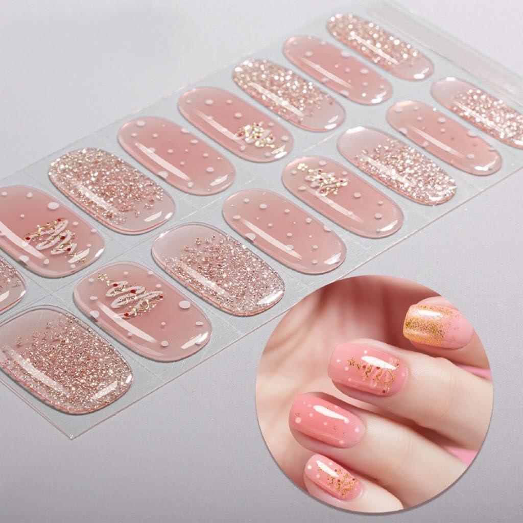 Amiiba 16Pcs Pink Glitter Christmas Tree French No-Baked Gel Nail Wraps,Waterproof Salon-Quality Self-Adhesive Nail Stickers for Women Girls, No UV/LED Lamp Needed (Lasts 14-28 Days) (Pink Glitter) image number 2