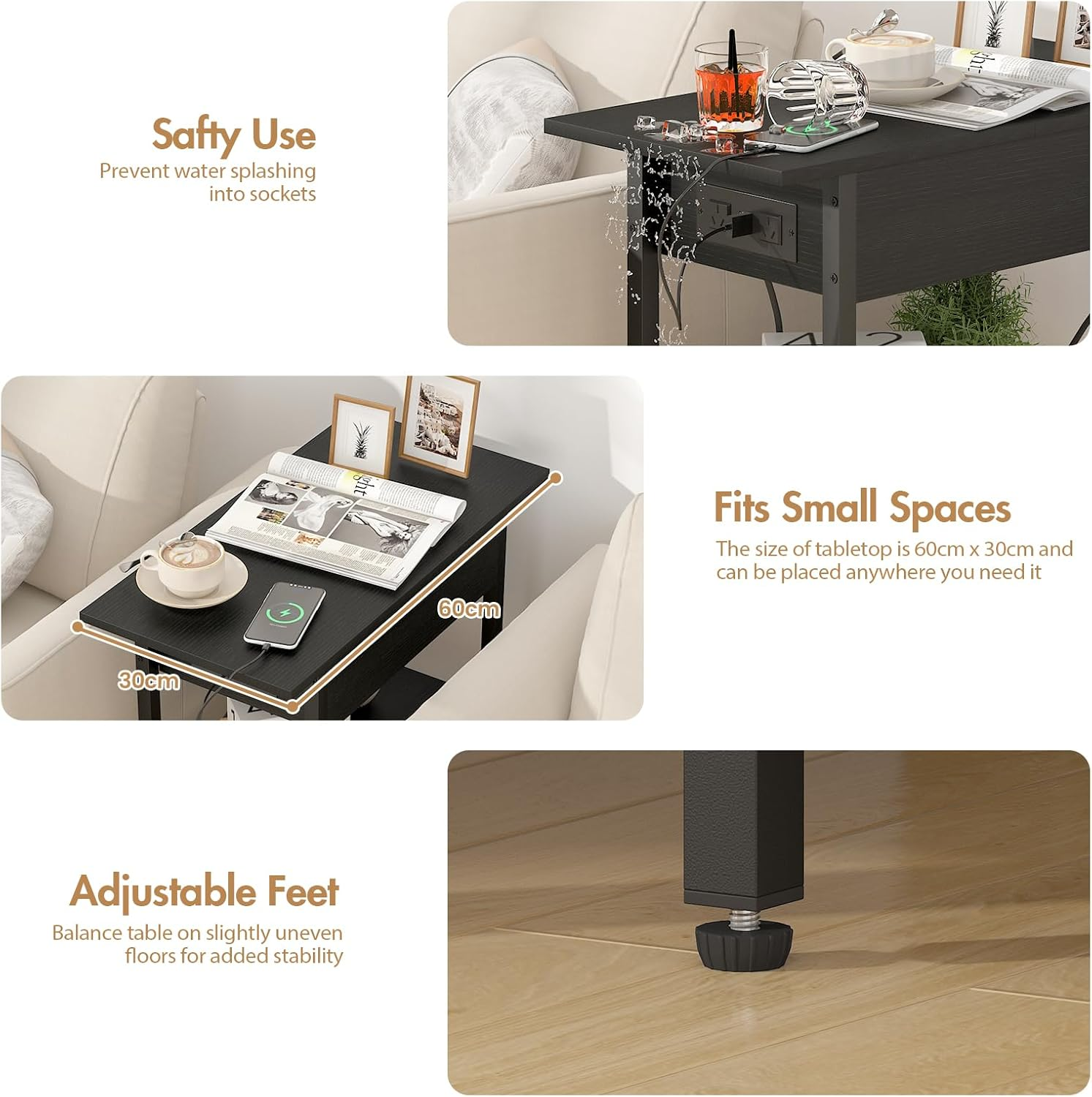 Advwin Sofa Side Table with Charging Station Narrow Flip Top Bedside End Table with AC Outlets and USB Ports Small Night Stand with Open Shelf for Livingroom Bedroom Office Study, Black