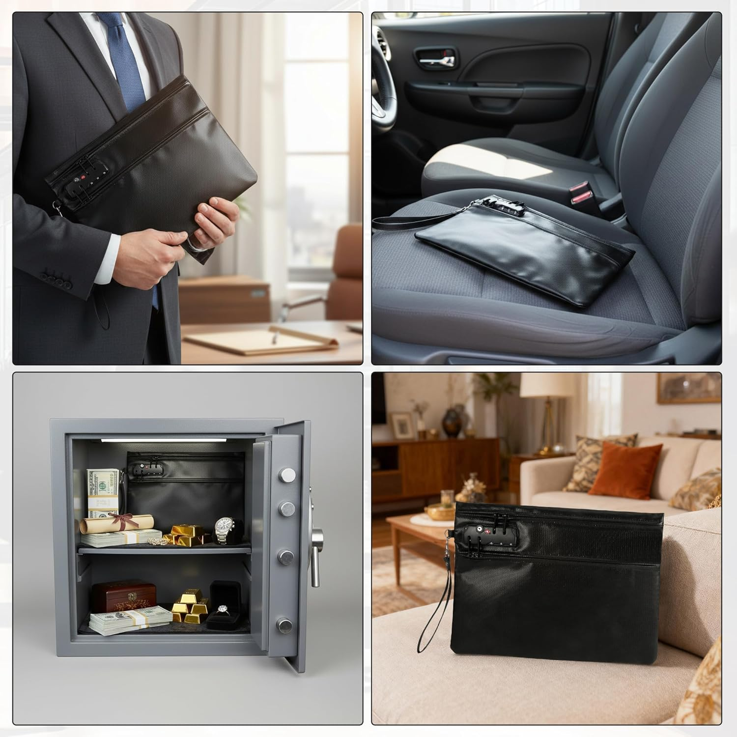 6400&deg;F Fireproof Document Bag with Lock, Waterproof, Fireproof Document Bag, 12-Layer Thermal Insulation, Fireproof Money Bag for Cash, Passports, Valuables, 36 X 26 Cm, Black image number 6