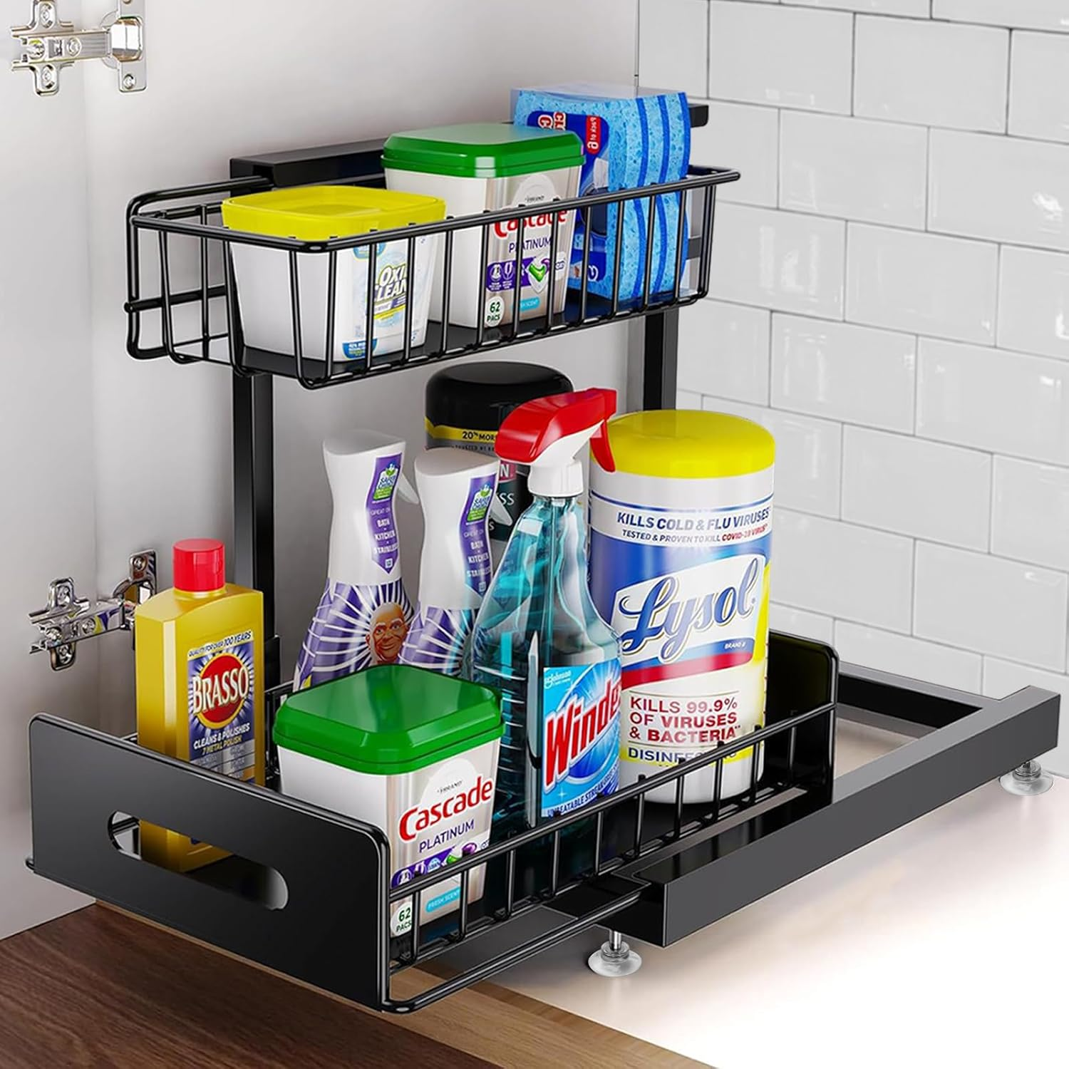 2 Pack under Sink Organiser, 2-Tier under Sink Storage Shelf Height Adjustable Durable Metal Sliding Drawers for Bathroom Kitchen Cabinet Storage under Sink Storage & Organisation (2 Pack Black)