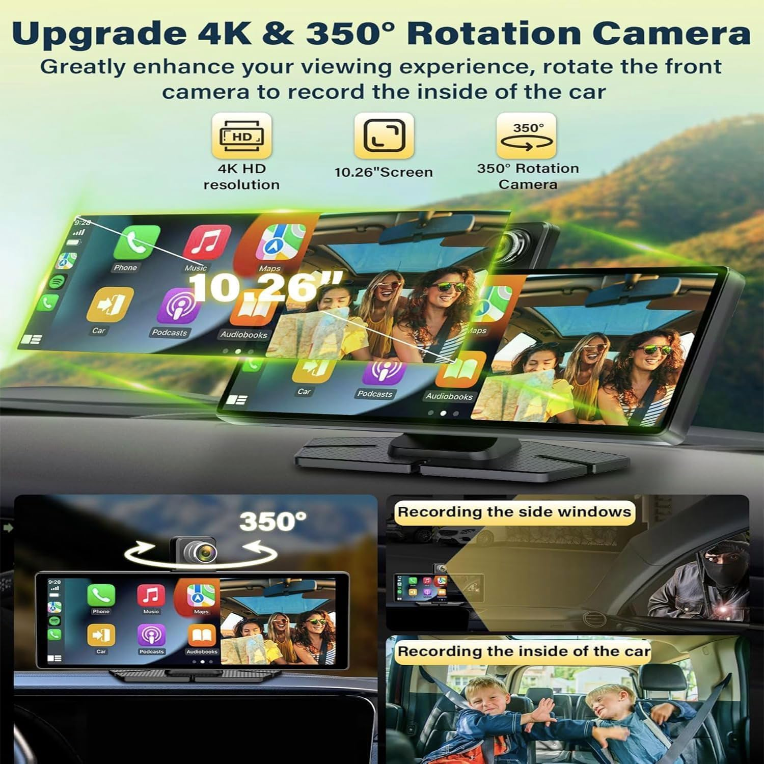 4K Carplay Screen for Car Apple Carplay Screen Tablet for Car with 350&deg; Rotatable Camera 10.26" Android Auto Brightness Wireless Carplay Navigation Dual Bluetooth Vioce Control Bracket (Black) image number 3