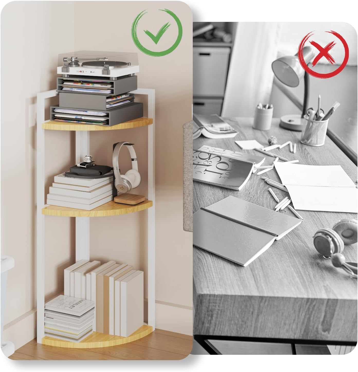 Joiena 3-Tier Desktop Bookshelf, Corner Shelf, Multipurpose Corner Display Rack Industrial Storage Corner Shelving for Bedroom, Living Room, Kitchen, Small Space (White) image number 5