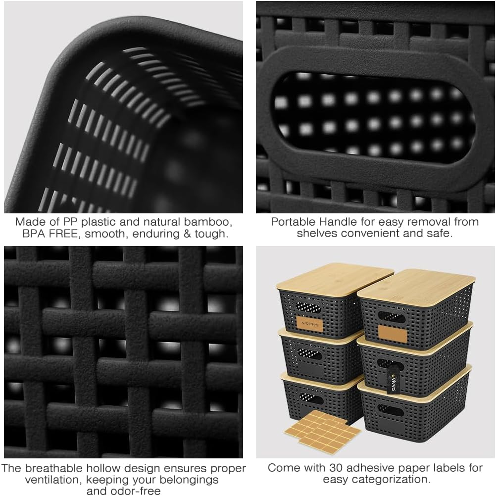 Vivva 6 Pack Plastic Storage Baskets with 30Pcs Labels Bamboo Lid Containers Stackable Bins Basket for Organizing Shelves Drawers Desktop Closet Playroom Classroom Office (Black) - White image number 3