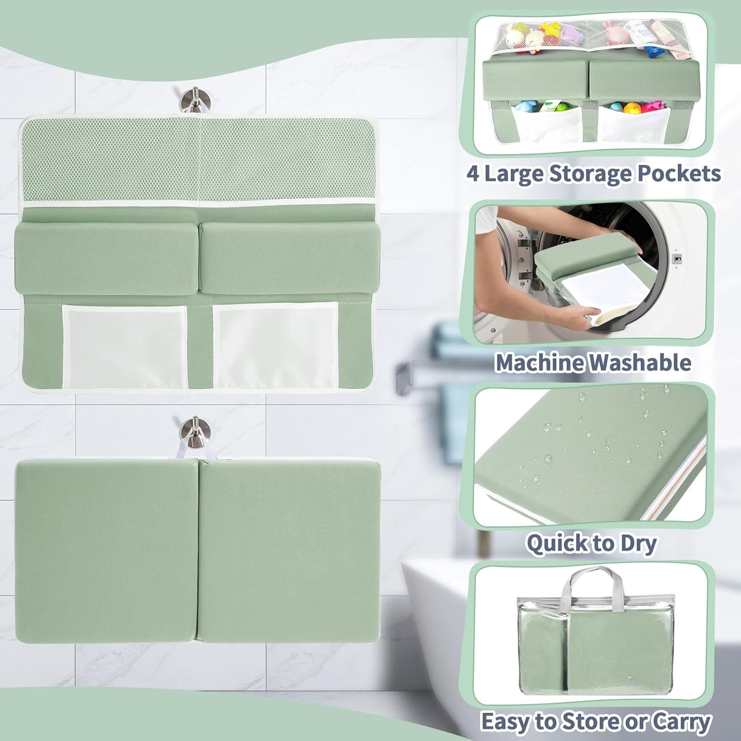Bath Kneeler and Elbow Rest Pad Set, 3.8Cm Thick Baby Bath Kneeler Pads with Toys Organizer, Anti-Slip Cozy Knee & Arm Support Bathtub Mat, Quick Dry Kneeling Pad for Baby Bath Time image number 6