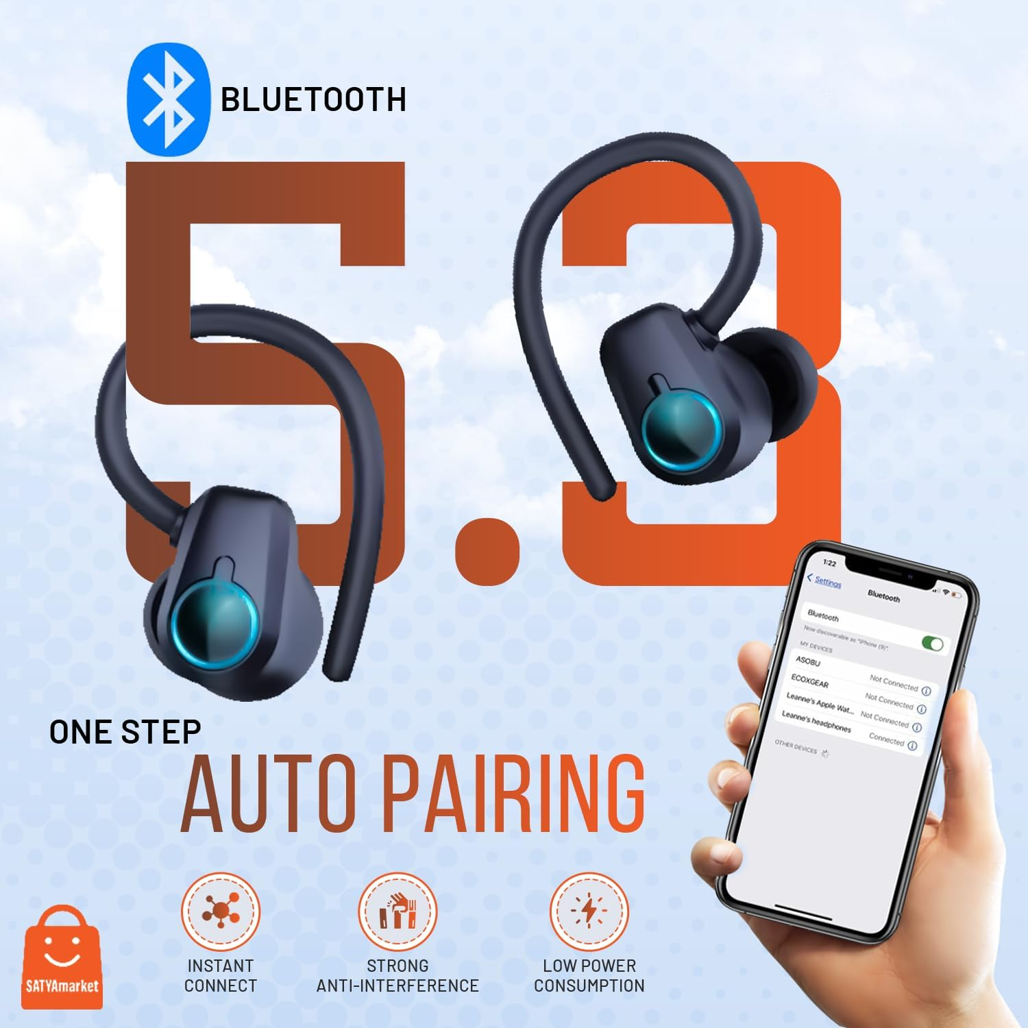 Satyamarket HE-059 Wireless Earbuds | Bluetooth 5.3 Sport TWS with Earhooks, Dual LED Display, Deep Bass Stereo Noise Cancelling, Works with Iphone, Android, and Bluetooth Devices - Black image number 1