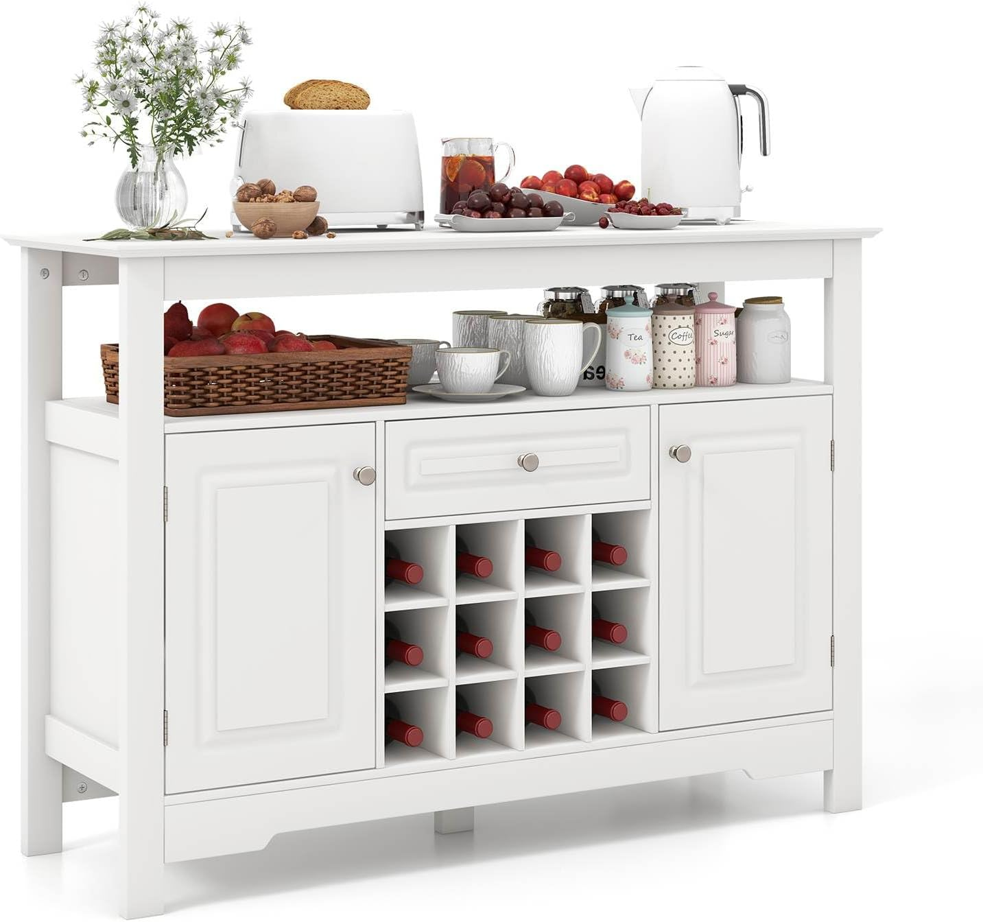 Costway Buffet Sideboard, Wine Liquor Coffee Bar Cabinet W/Removable Wine Rack, Floor Pantry Cupboard W/ 2 Doors & Drawer, Multipurpose Storage Cabinet TV Stand for Kitchen, Dining Room (Black)