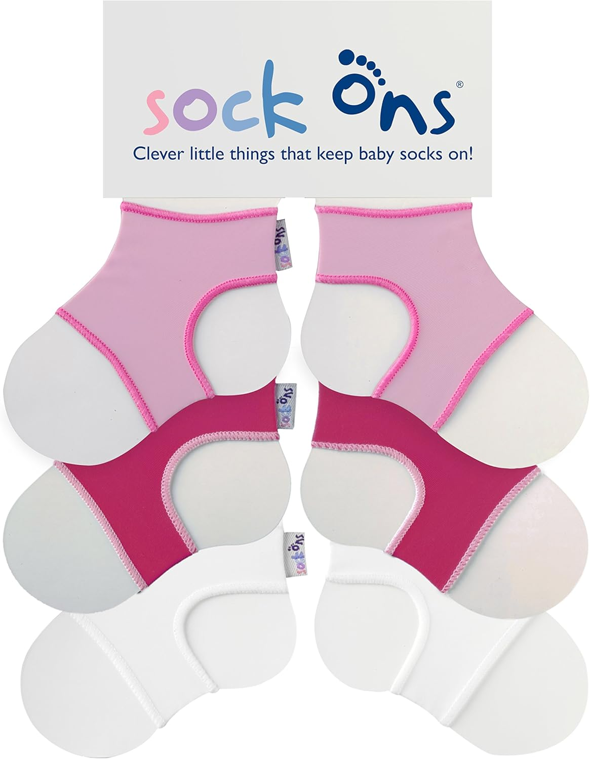 Sock Ons - Baby Sock Holder - 6-12 Months - Pack of 3 (1 X White, 1 X Fuchsia, 1 X Baby Pink) - Amazing Value Pack - Always Put on Baby Socks!, White, 1 X Fuchsia, 1 X Baby Pink, 6-12 Monate image number 1