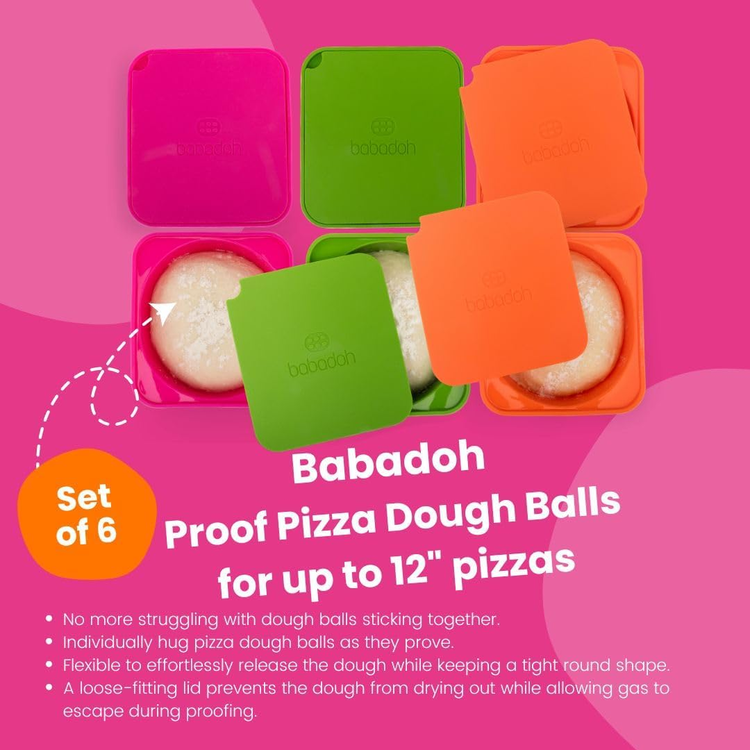Babadoh Pizza Dough Proofing Silicone Containers with Lids | Pizza Making Accessories | Set of 6 | Multi Bright (2 Berry, 2 Orange, 2 Lime) | Original Size (Make 12" Pizzas) image number 2