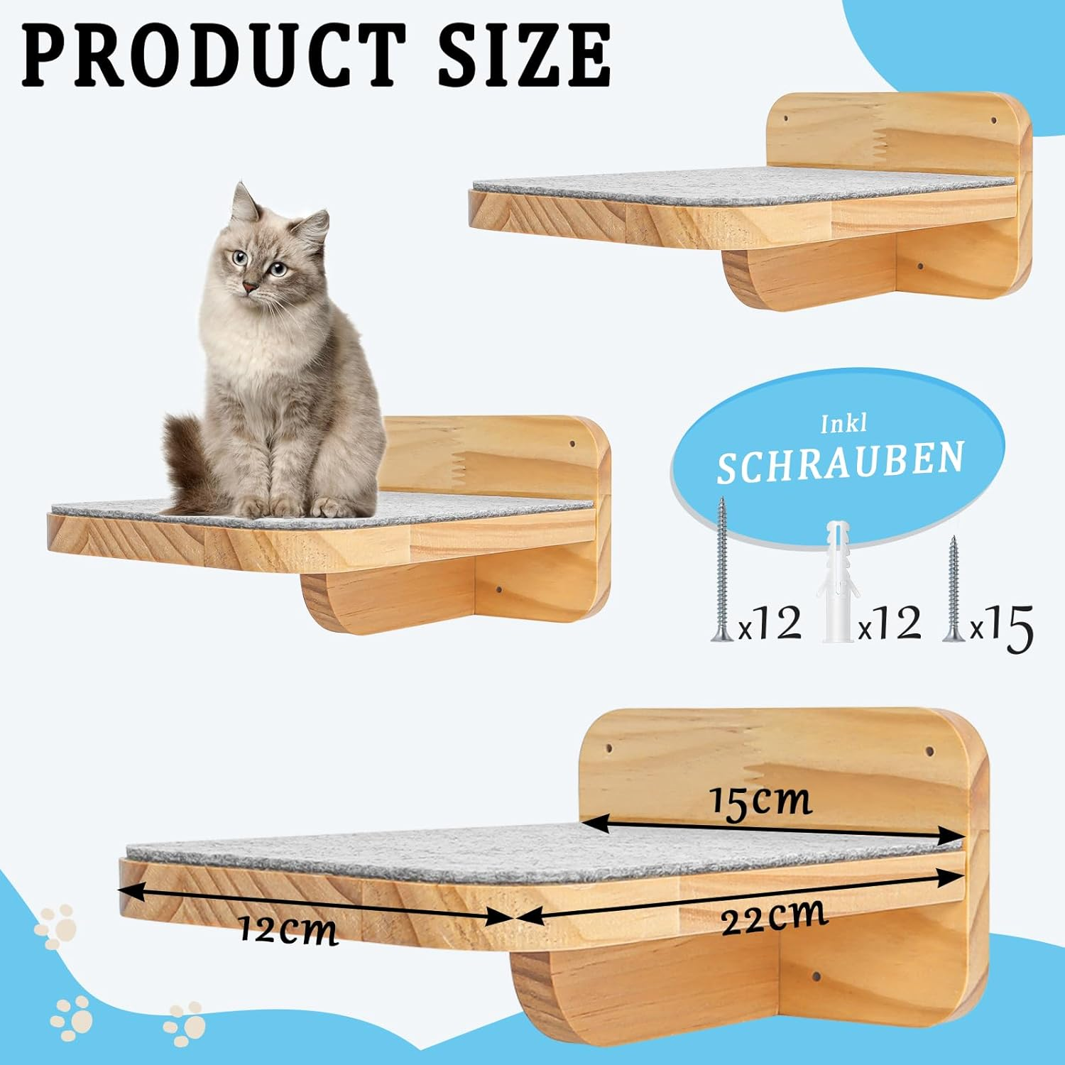 Gekufa Cat Climbing Wall, Set of 3, Cat Wall Parkour with Non-Slip Felt, 15 Kg Load Capacity image number 1