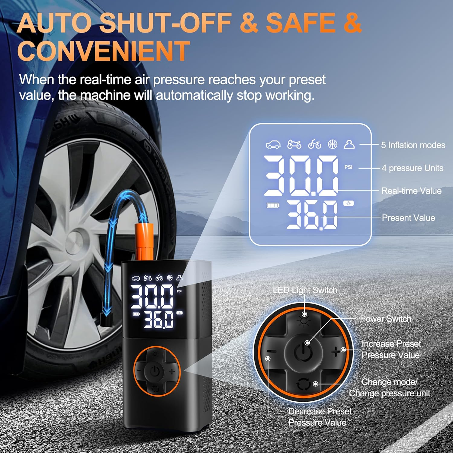 Mxcasoxz Tire Inflator Portable Air Compressor,Cordless Bike Pump with Digital Dual Values Display/Led Lights/Storage Pouch/Auto Shut-Off Function, 150 PSI Air Pump for Cars, Motorcycles, Bikes, Balls image number 6