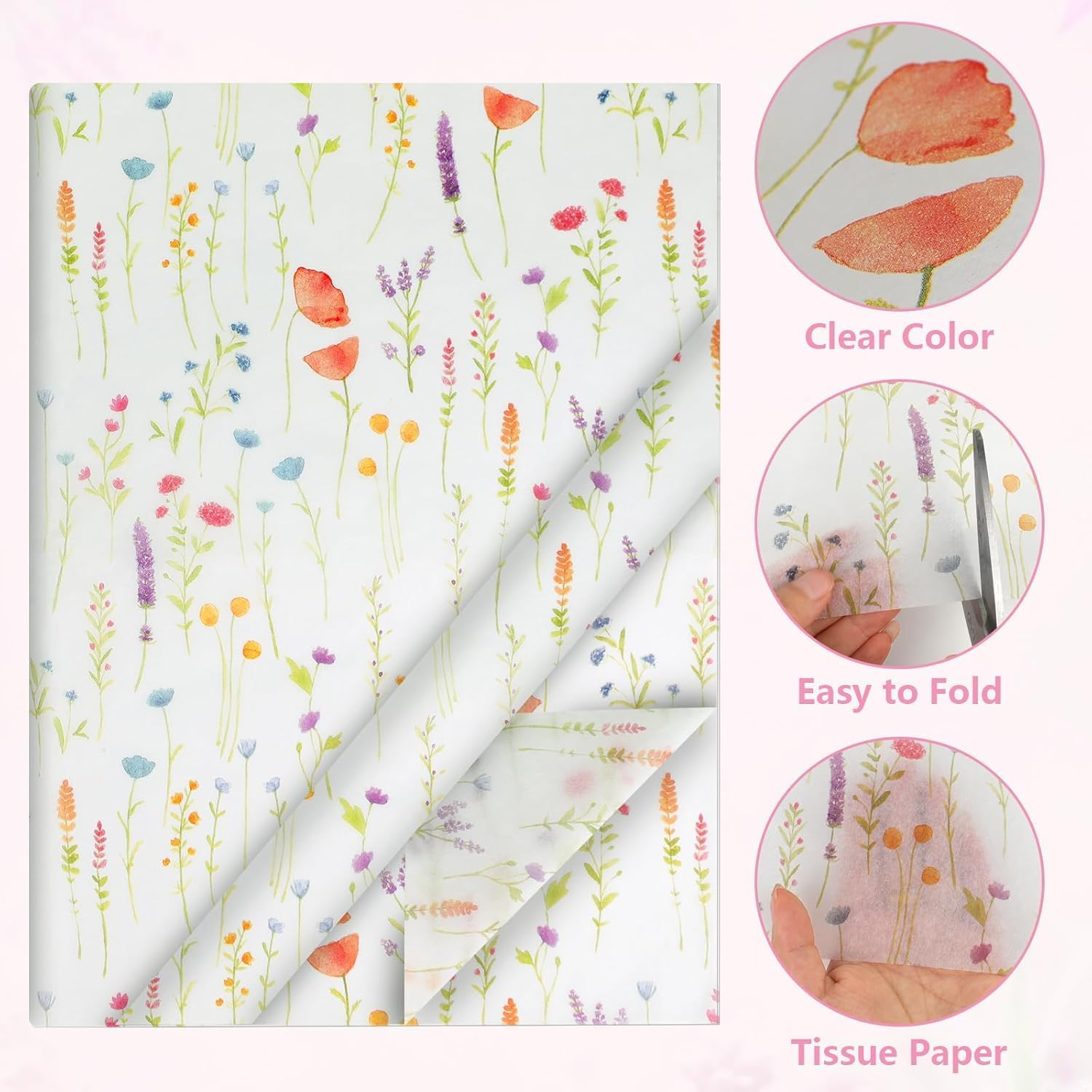 20 Sheets 35 X 50 Cm Lavender Floral Printed Tissue Paper Wrapping, Flower Patterned Tissue Wrapping Paper Bulk for Grils, Her Birthday, Moms Gift Bags Filling Product Wrap image number 5