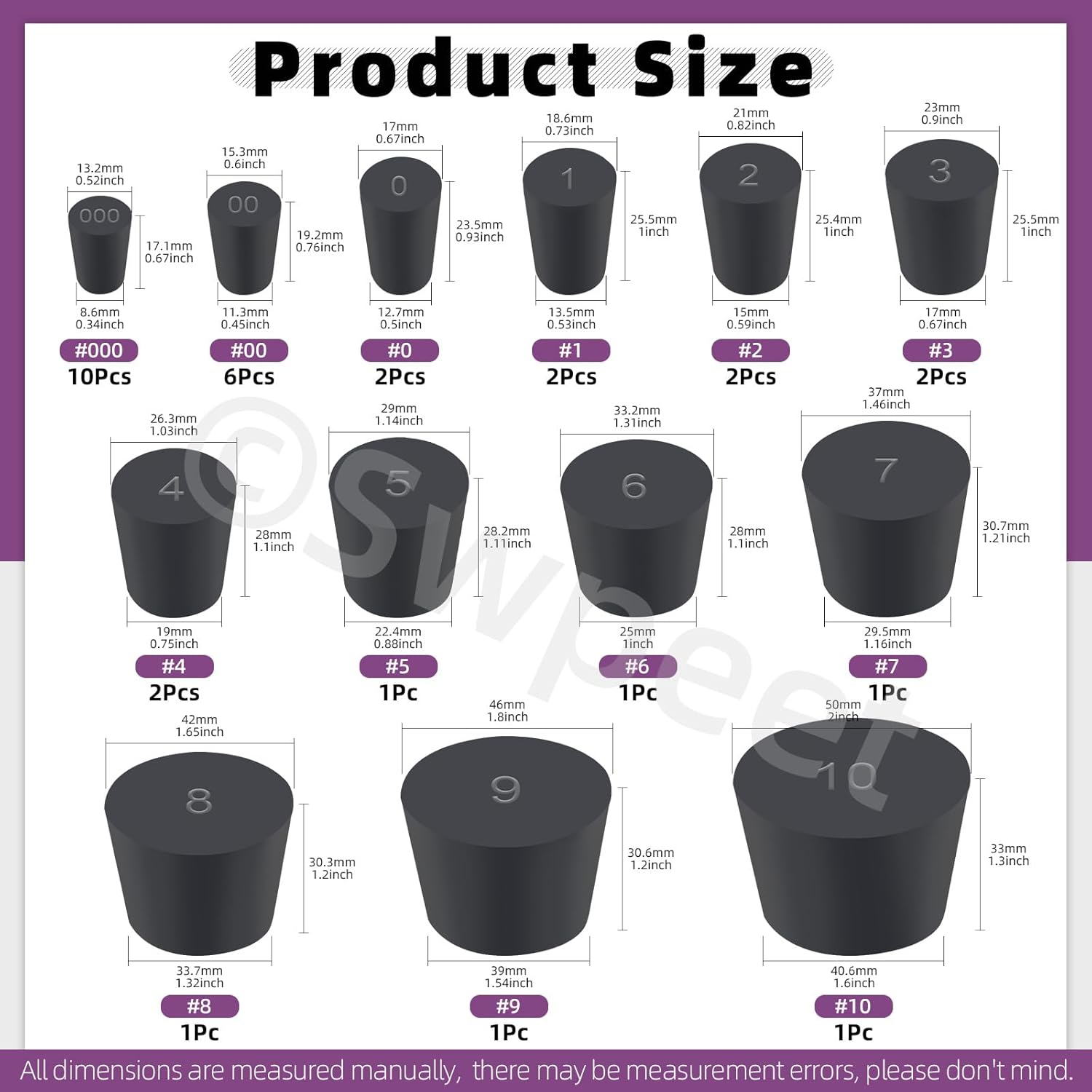 Swpeet 32Pcs 13 Assorted Sizes Black Solid Rubber Stopper, Black Tapered Lab Seal Rubber Stoppers, Black Lab Plug, Tapered Lab Bungs - Black image number 6