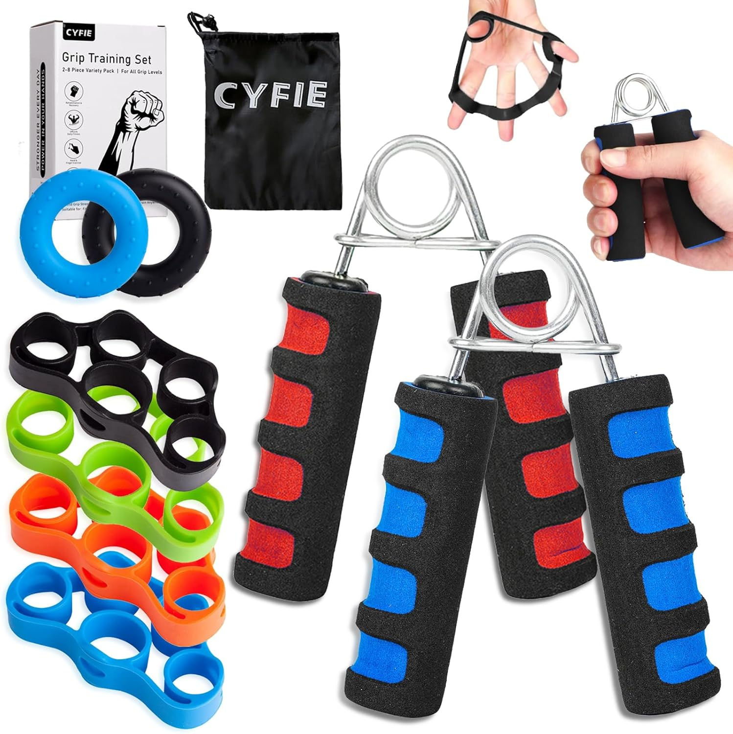 Hand Grip Strength Training Set, 8-Piece Exercise Kit with 2 Color Adjustable Gripper, 4 Color Finger Stretcher & 2 Grip Ring image number 4