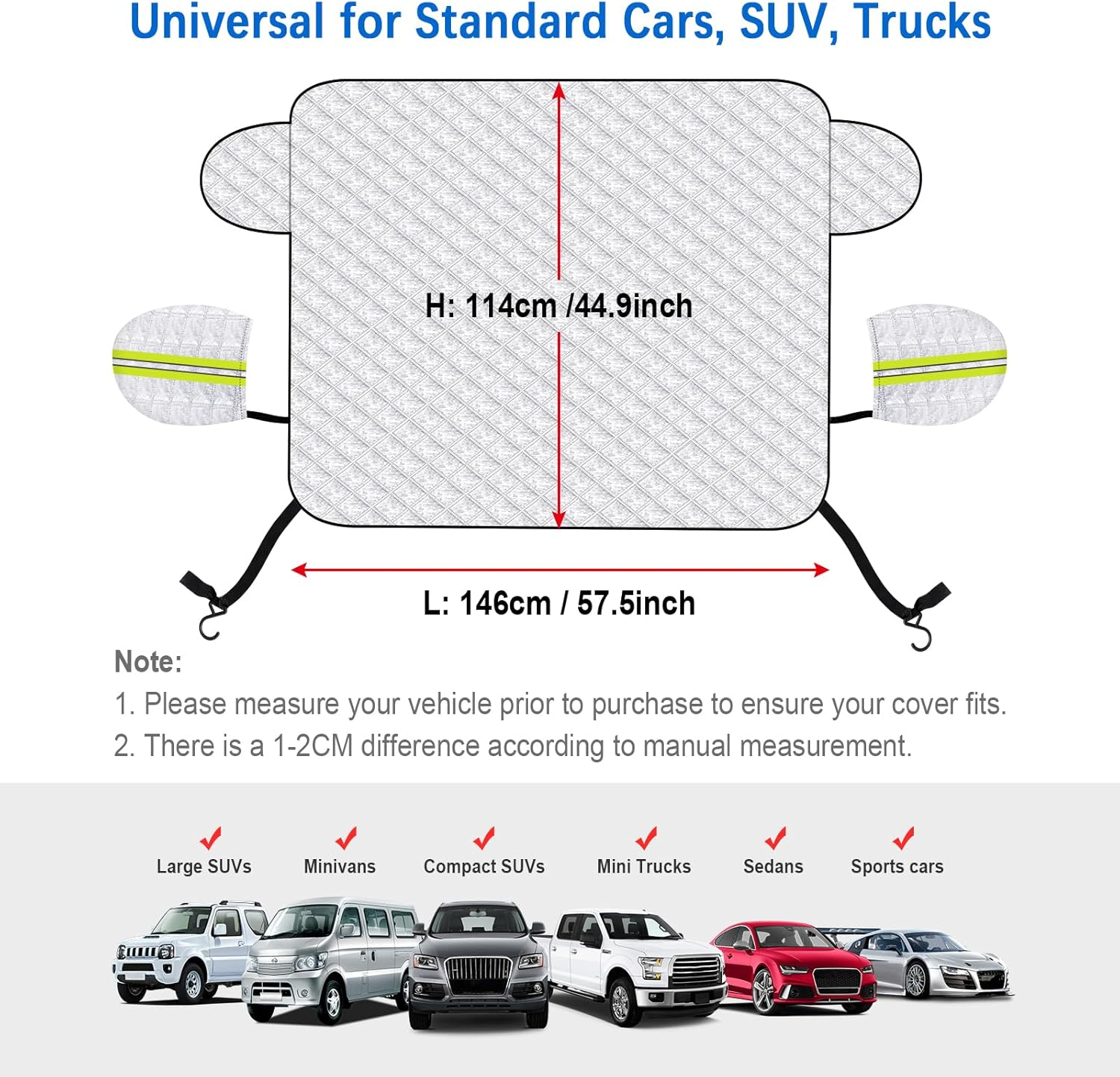 Range Tour Car Windshield Snow Cover with Fixing Strap, Automotive Windshield Cover for Snow, Ice, Sun Windshield Cover Dust Cover Car Protector for Winter Summer(148X114Cm) image number 3