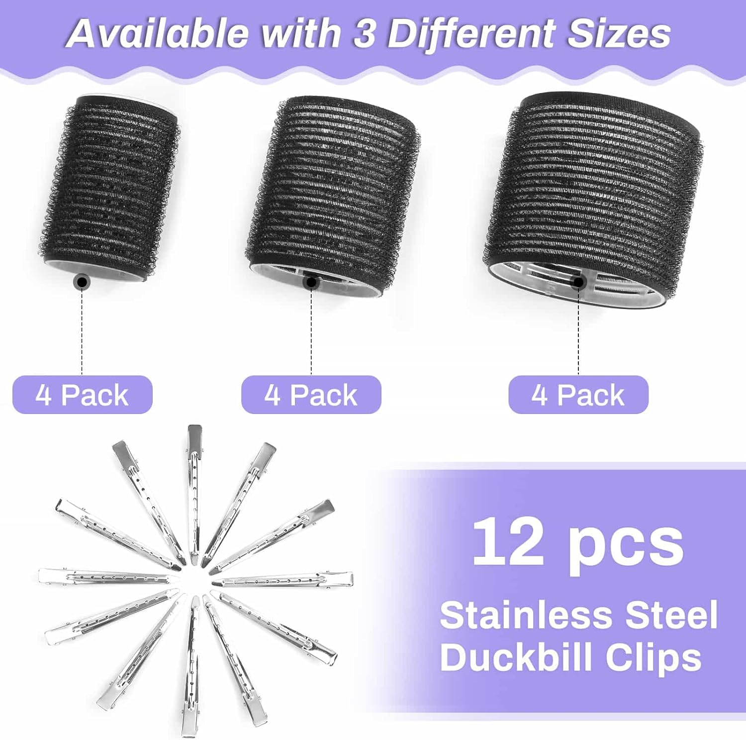 Self Grip Hair Rollers and Curlers Set - 24 Pieces with 3 Sizes (4 Jumbo, 4 Large, 4 Medium) and 12 Clips for Long, Short, Thick, Fine Hair Styling