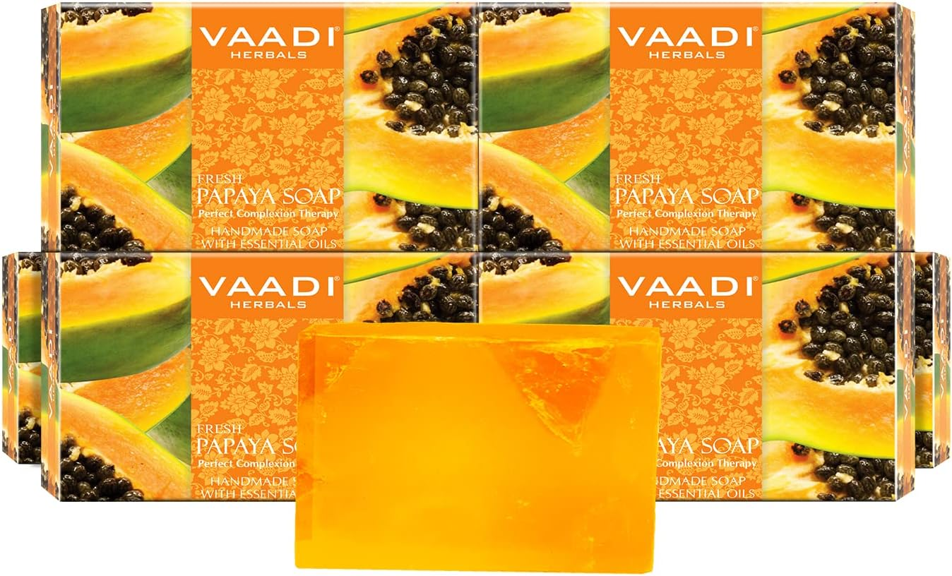 Vaadi Herbals Organic Body Soap Bar Fresh Papaya Soap Complete Skin Care Handmade Herbal Soap (Aromatherapy) with 100% Pure Essential Oils - All Natural - Anti-Acne Deep Pore Cleansing Removes Pimples Oil Control Sulphate Free All Skin Type 6 X 75 Gm image number 2