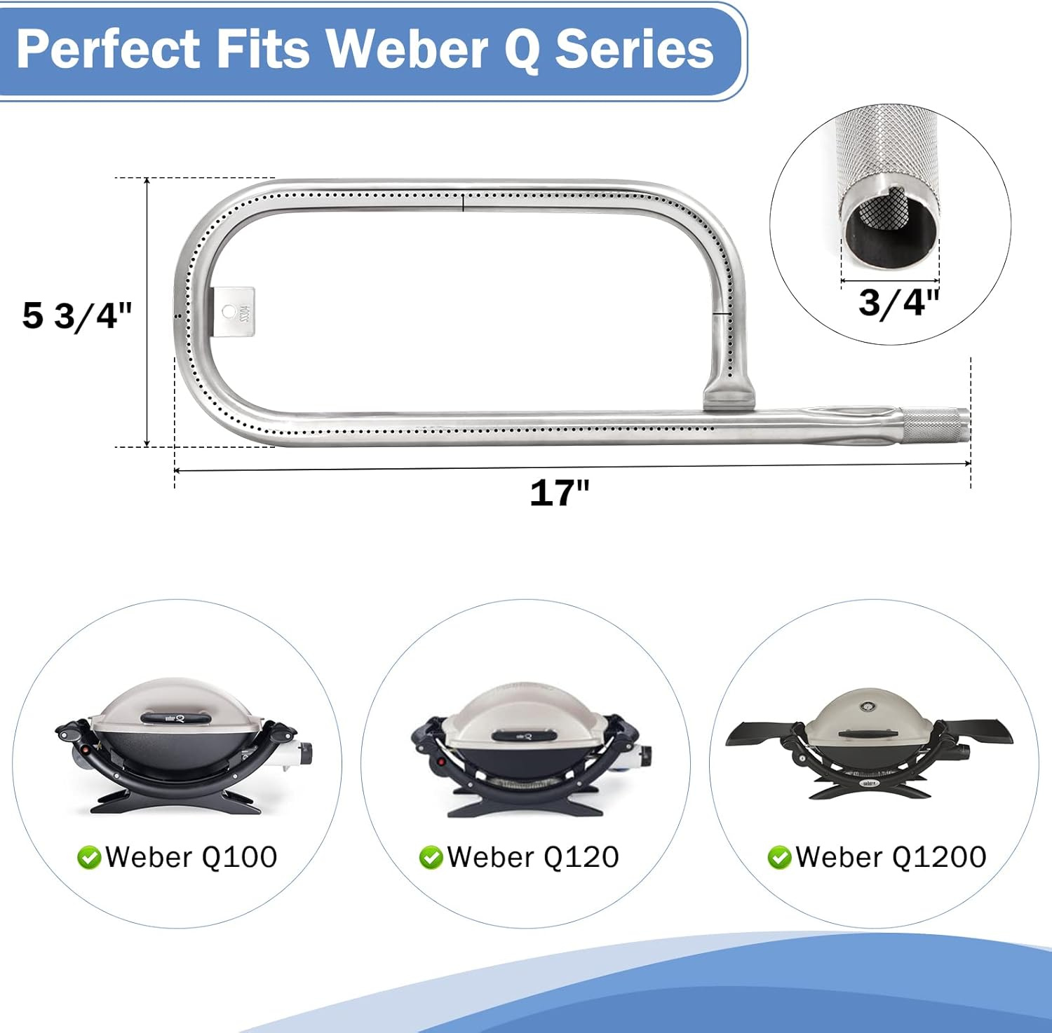 Criditpid 60040 17" Burner Tube for Weber Q100 Q120 Q1000 Q1200 Baby Q Gas Grill Parts, 304 Stainless Steel Grill Burner Replacement for Weber 386001 386002 516002 516001 50060001 51060001 69957 41657 image number 2