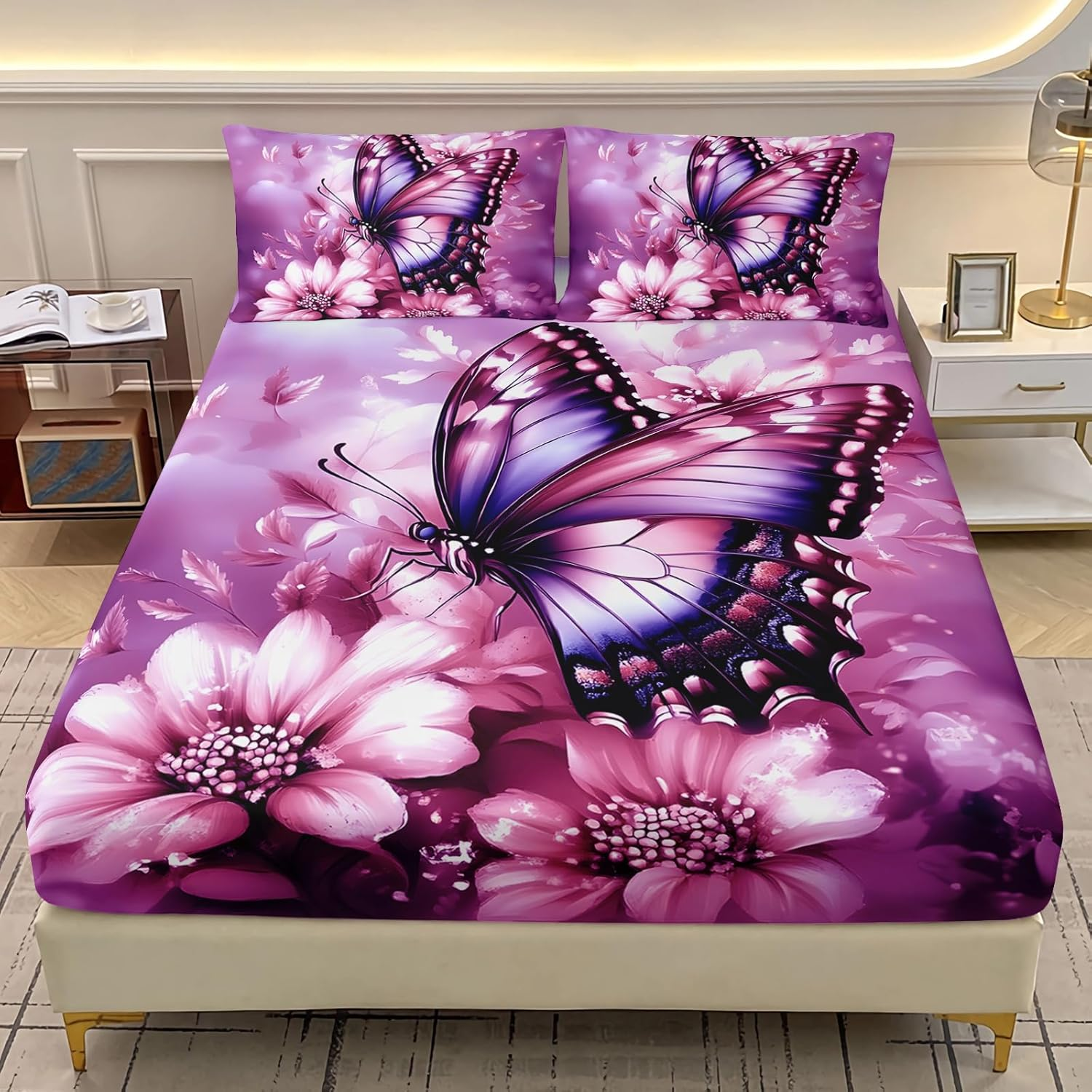 AILONEN Bohemian Bee Fitted Sheet Set Full Size,Black and Gold Luxury Bedding Set for Kids Teens Girls,3-Piece Boho Sunflower Floral Bed Sheet with 2 Pillowcases