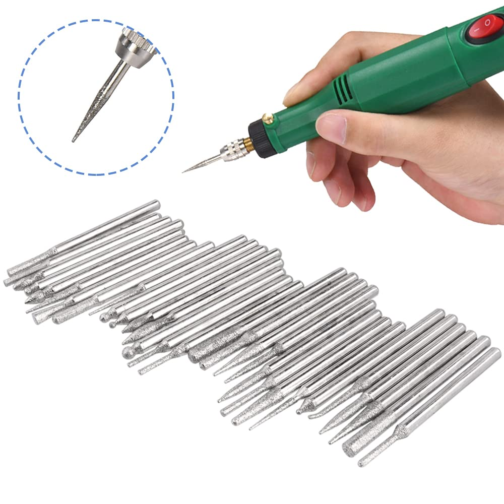 Bestgle 30 Pcs Diamond Burr Assortment Kit, 3Mm round Shank Diamond Coated Burrs Deburring Engraving Carving Drills Bits for Rotary Tool Accessories image number 3