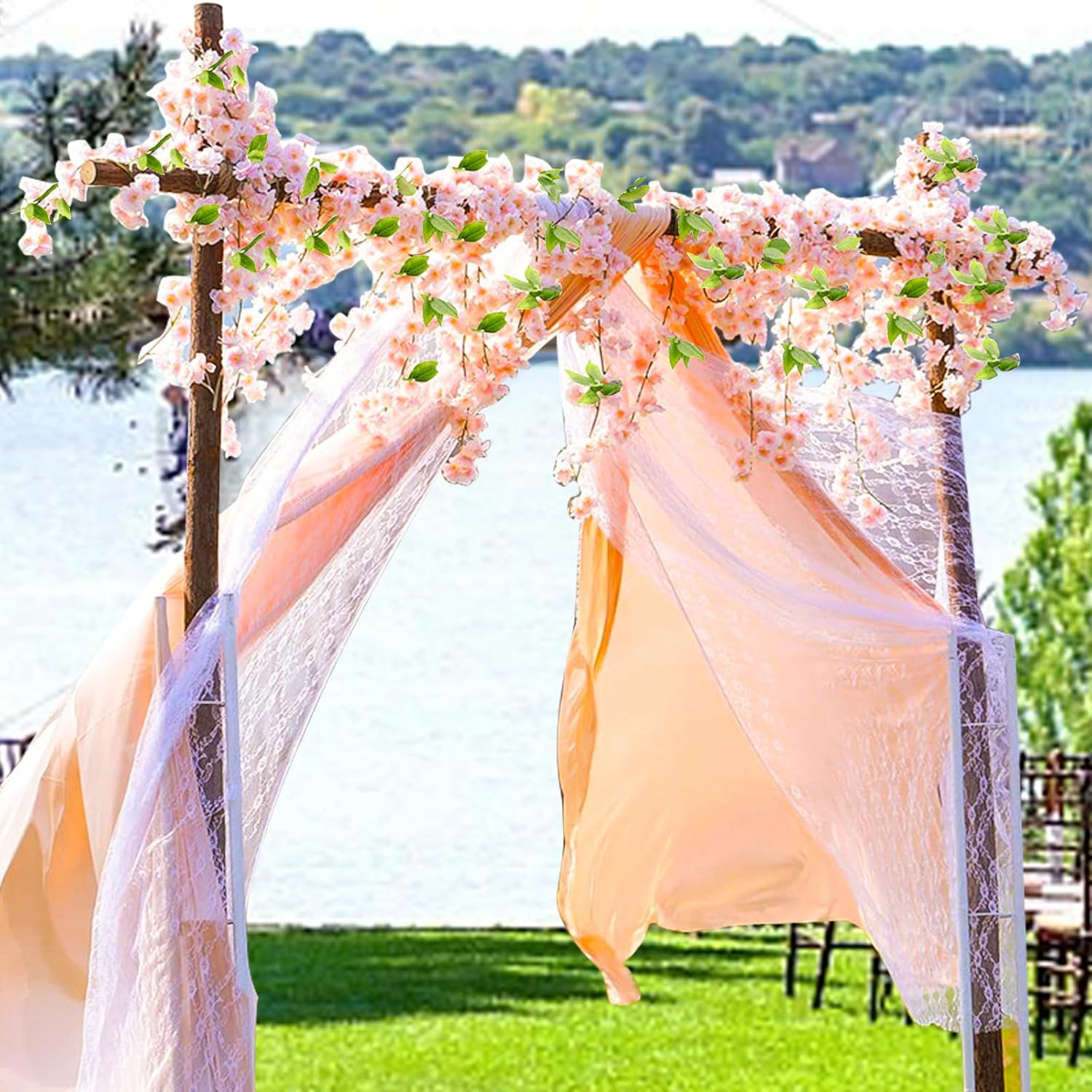 Bacucine 6Pcs Artificial Cherry Blossom Flower Vines Fake Cherry Blossom Flower Hanging Flower Vine Faux Sakura for Home Wedding Party Decor (Champagne) - White image number 5