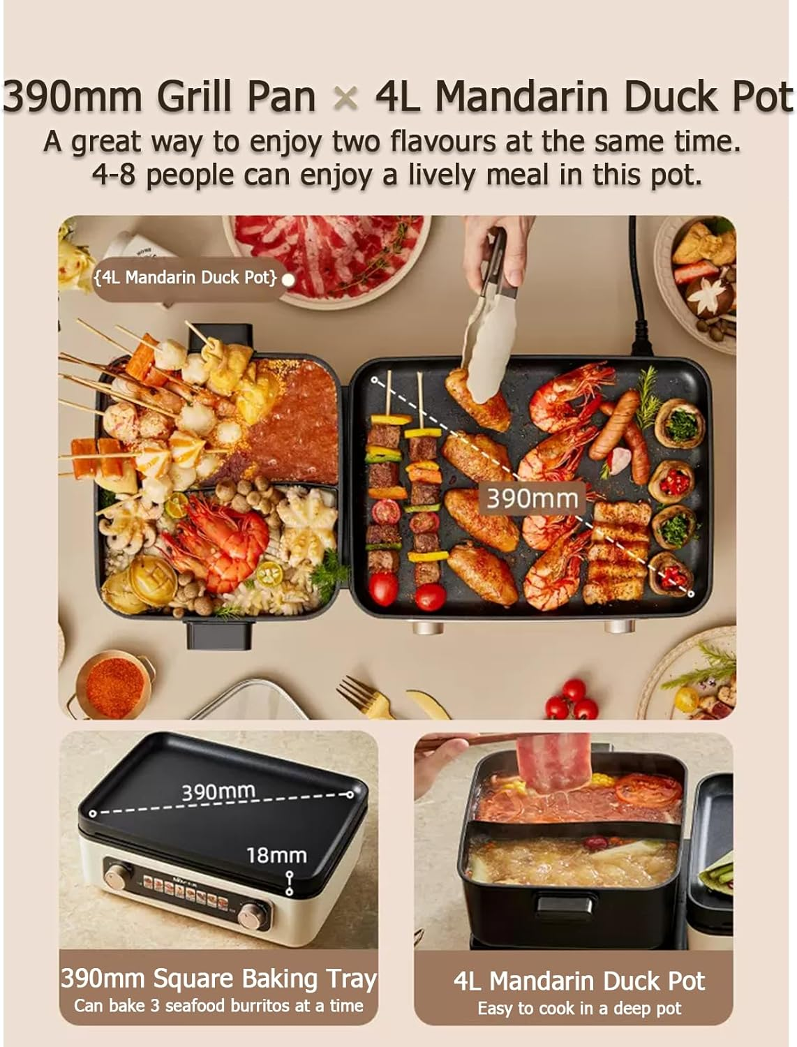 BEAR Electric Grill with Hot Pot, 2-In-1 Folding Korean BBQ Grill Indoor & Shabu Shabu Pot, Removable Hotpot Pot & KBBQ Grill, Non-Stick, Adjustable Temperature, 2100W image number 4