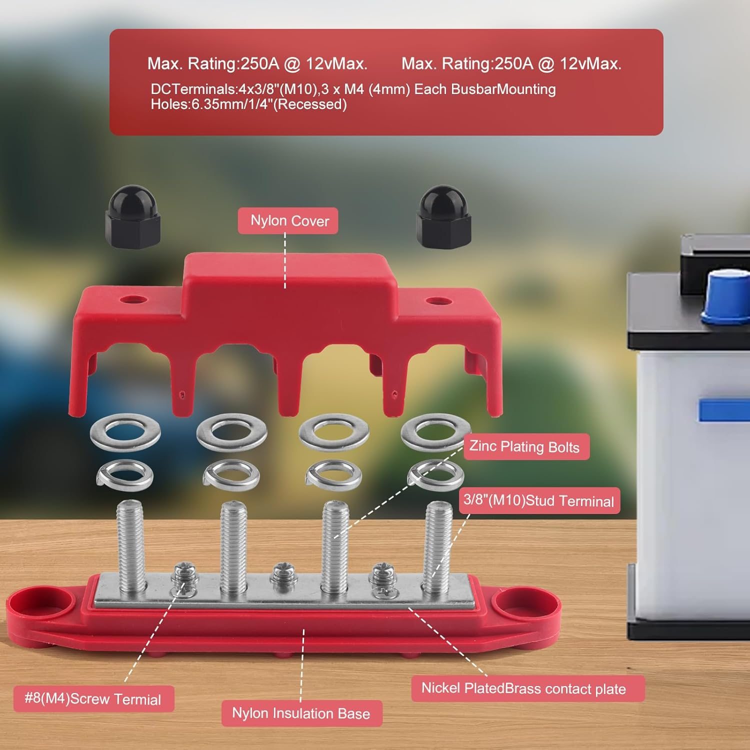 12V Bus Bar Power Distribution Block, 250A Battery Busbar Terminal Block with Cover, 4 X 5/16" Studs, Anti-Galling Battery Junction Blocks for Automotive Marine Cars Rvs Ships Yachts