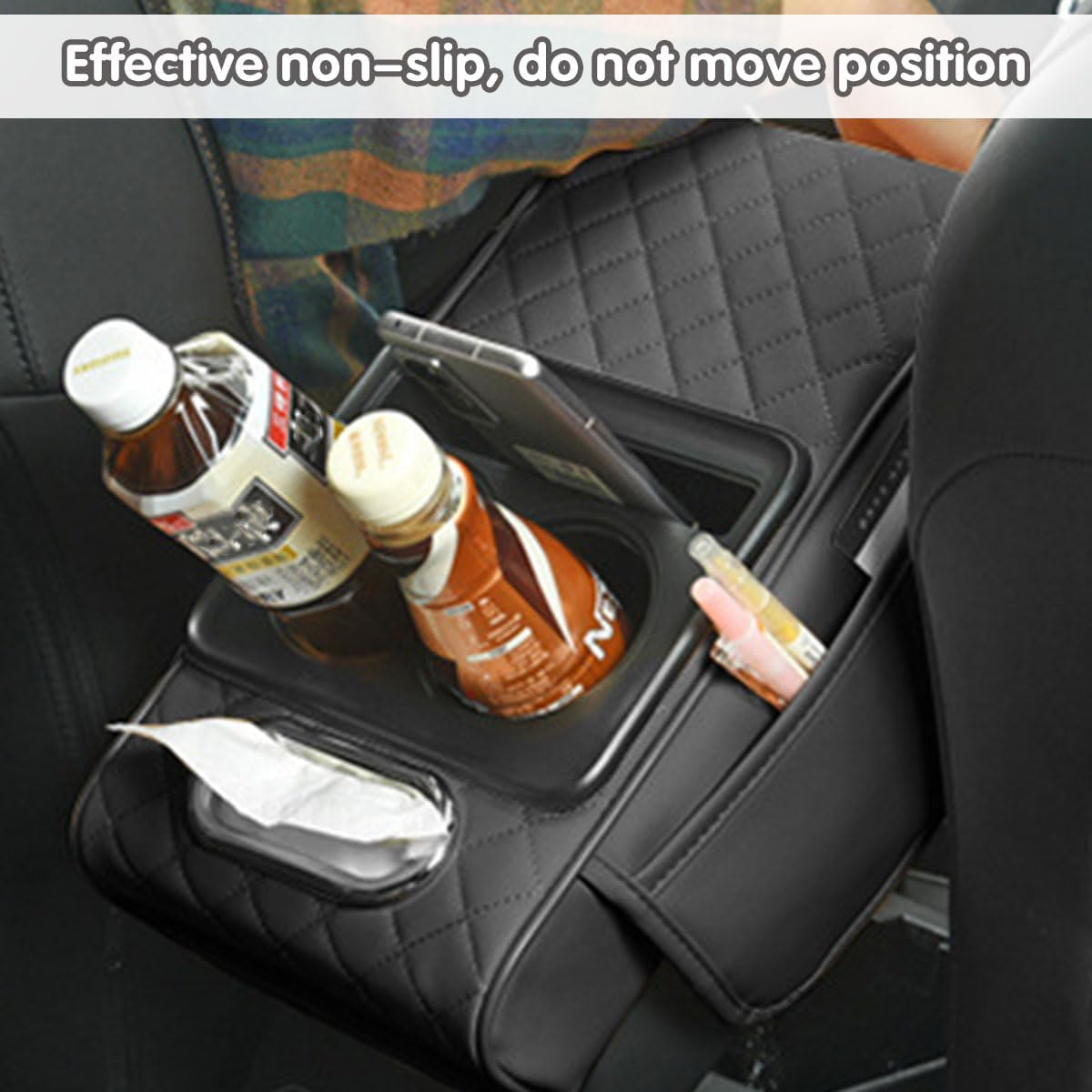 AIMALL Car Armrest Pad with Storage Box and Cup Holders, Lift Console Cushion Support Organizer with Tissue Holder and Phone Slot for SUV Sedan Interior Comfort image number 4