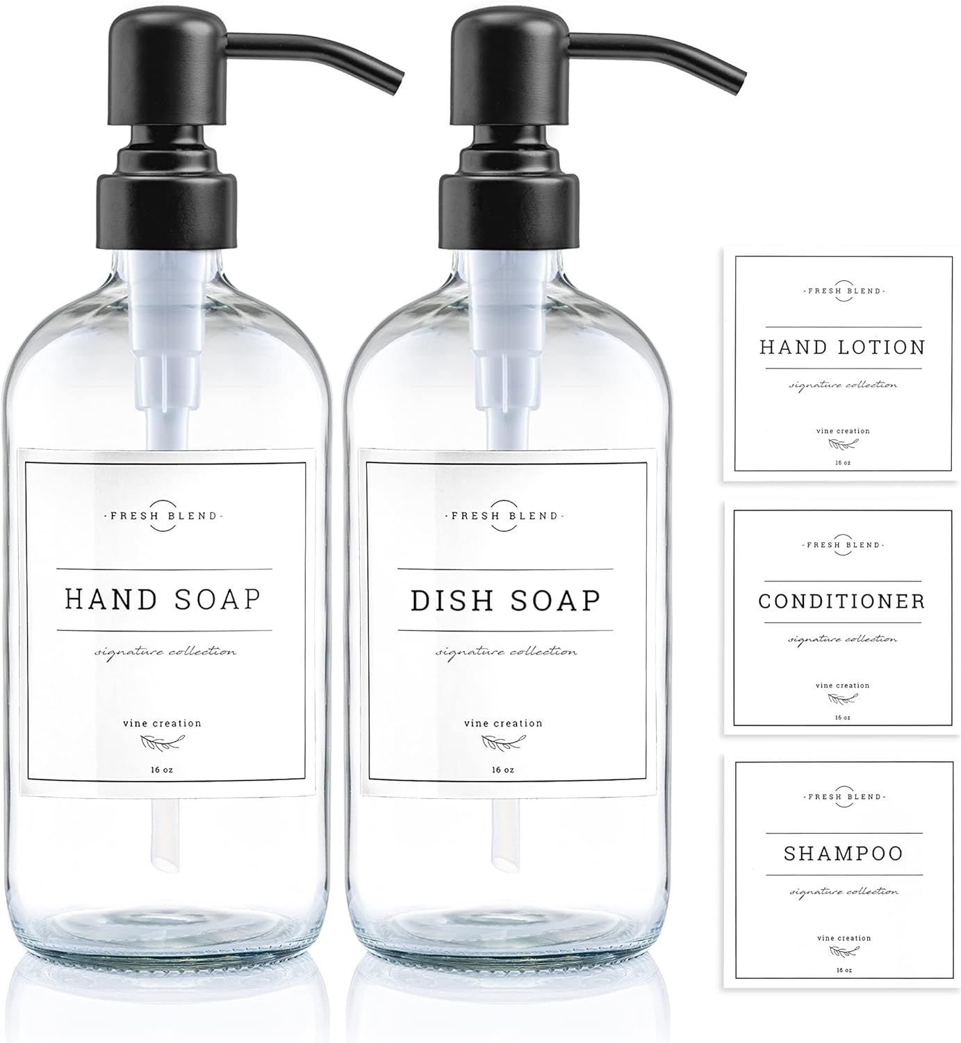Vine Creations White Glass Soap Dispenser Set, 2 Pack with Stainless Steel Pump, 16 Oz for Kitchen and Bathroom, Dish Soap Dispenser with Waterproof Labels