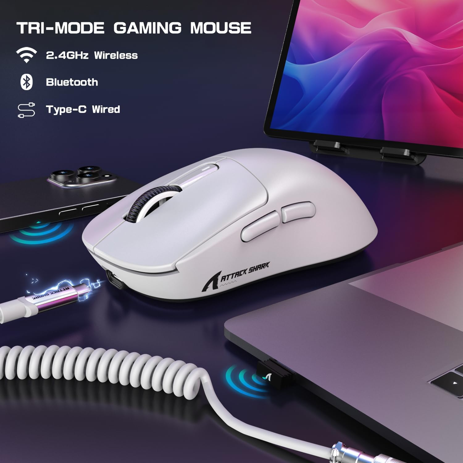 ATTACK SHARK X3MAX Wireless Gaming Mouse,Pixart PAW3950 Gaming Sensor,Up to 42K DPI,100 Million Micro,49G Lightweight Tri-Mode(Bt5.2/2.4Ghz/Wired) Mice with Coiled Cable-White image number 5