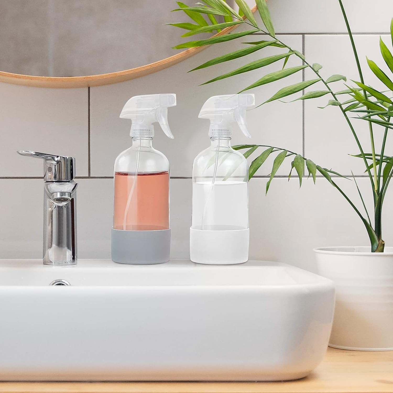 Sadoia 3 Pack Glass Spray Bottles with Silicone Sleeve Protection - Refillable 17Oz for Cleaning Solutions, Essential Oils, Misting Plants, Hair Styling Blue,Pink image number 4