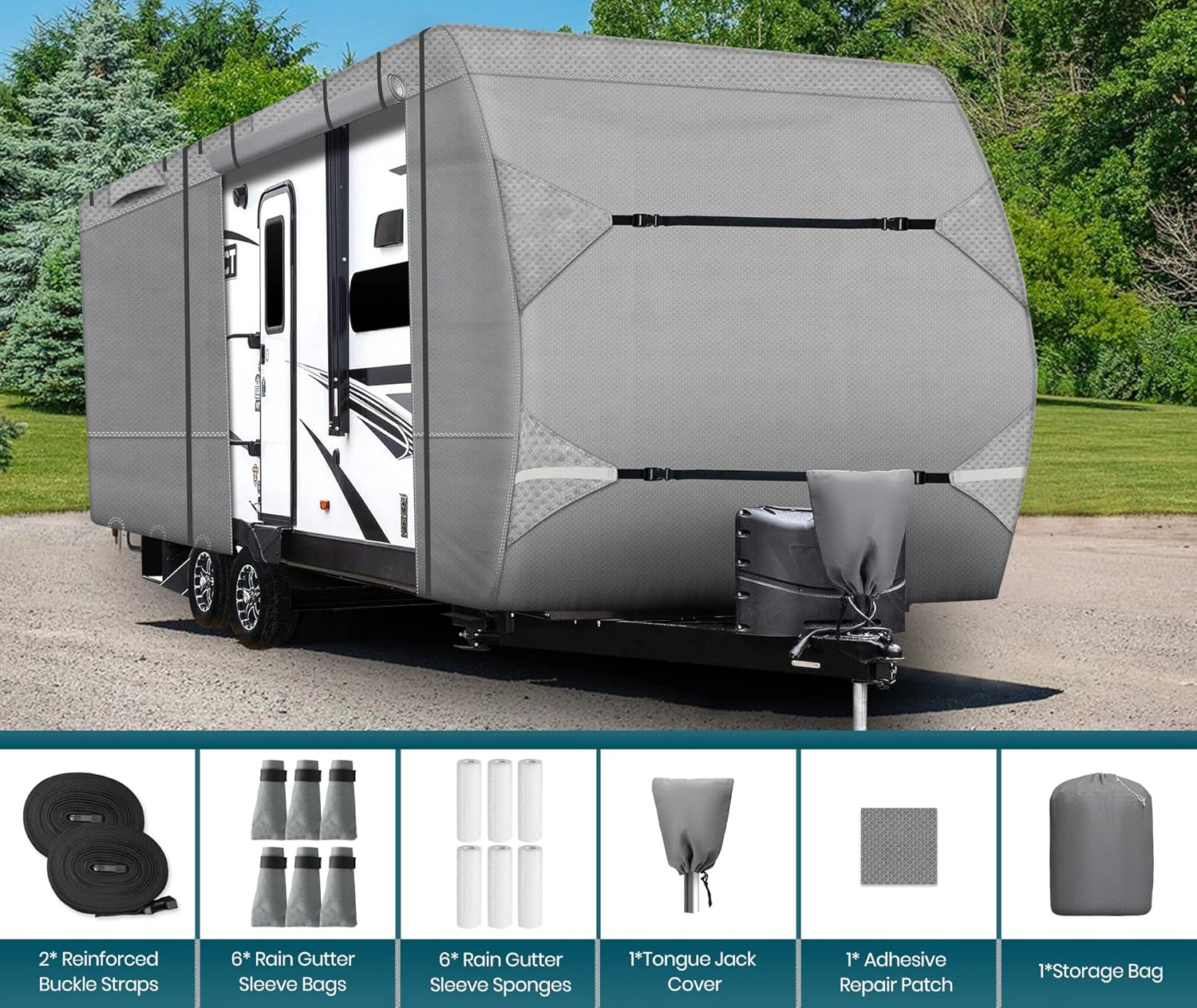 RV Cover 33&lsquo;-35&rsquo; Travel Trailers Upgraded 8 Layers Top Waterproof, Anti-Scratch, RV Winter Cover Universal Fit 34Ft Camper Cover UV Protection with Tongue Jack Cover image number 2
