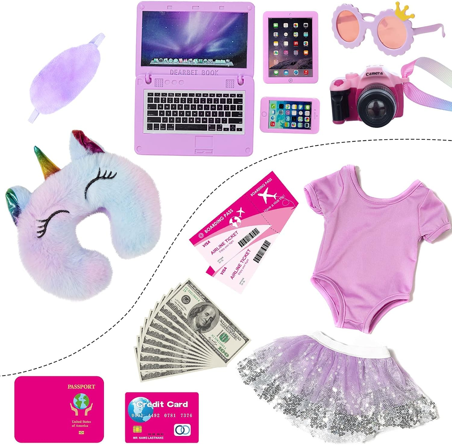 ZNTWEI American 18 Inch Girl Doll Travel Suitcase Play Set with 18 Inch Doll Clothes and Accessories Including Sunglasses Camera Computer Phone Ipad Travel Pillow Ect image number 5