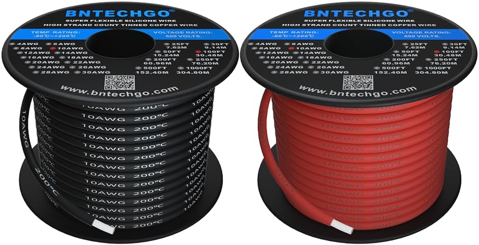 BNTECHGO 10 Gauge Silicone Wire Ultra Flexible 20 Feet High Temp 200 Deg C 600V 10 AWG Silicone Wire 1050 Strands of Tinned Copper Wire Stranded Wire Model Battery Cable Black and Red Each Color 10 Ft
