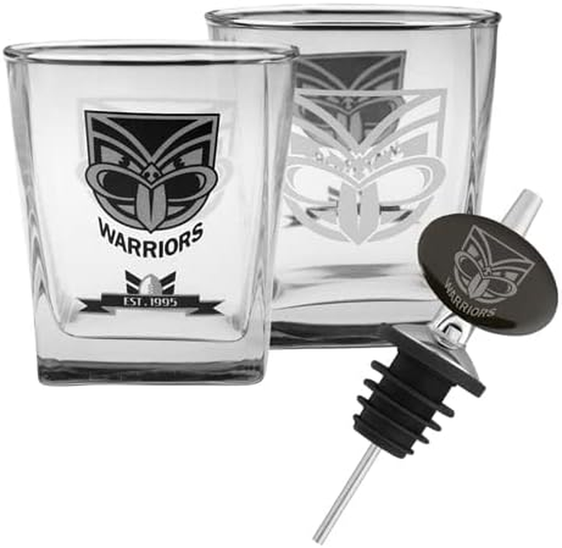 NZ Warriors SPIRIT 4-Pack Reusable Glasses & Pourer Set (280Ml, Transparent, Silver)
